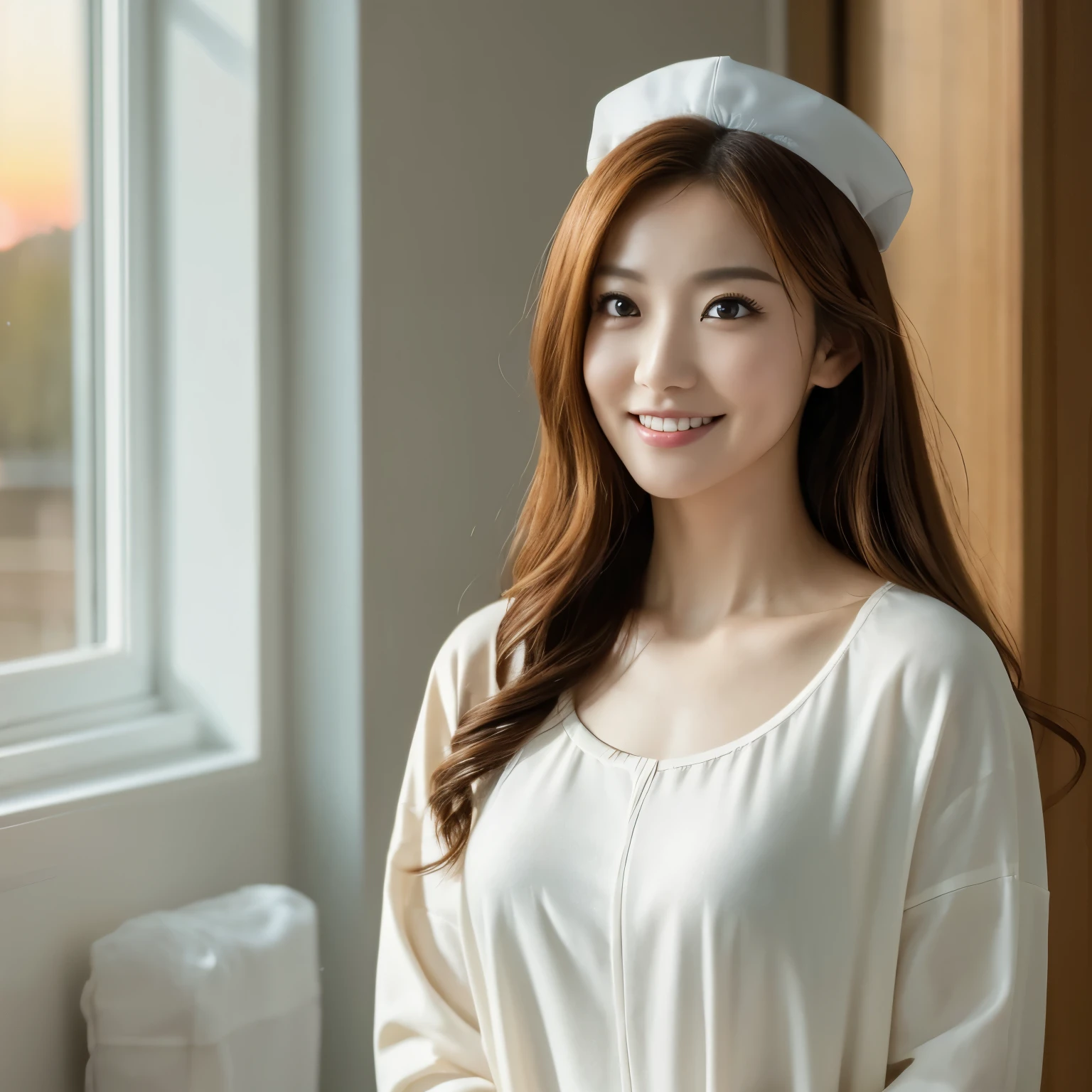 (highest quality、table top、8K、best image quality、Award-winning work)、1 nurse、(solo:1.2)、(The perfect and most natural nurse&#39;s pure white lab coat:1.1)、(Perfect and most natural white plain nurse cap:1.1)、The most natural and perfectly organized hospital room、A perfectly organized hospital room、The most natural and practical hospital room、blurred background、big breasts、emphasize body line、(standing elegantly:1.1)、(close up of face:1.1)、Staring at me with fascination、accurate anatomy、(Beautiful skin shining in the sunset:1.1)、(A vivid and romantic sunset shining through the window:1.3)、(A fantastic and romantic sunset:1.2)、(epic movie lighting:1.1)、(romantic evening hospital room:1.1)、Super high-definition glossy skin、Super high-definition sparkling eyes、Super high definition beautiful hair、Super high definition beautiful teeth