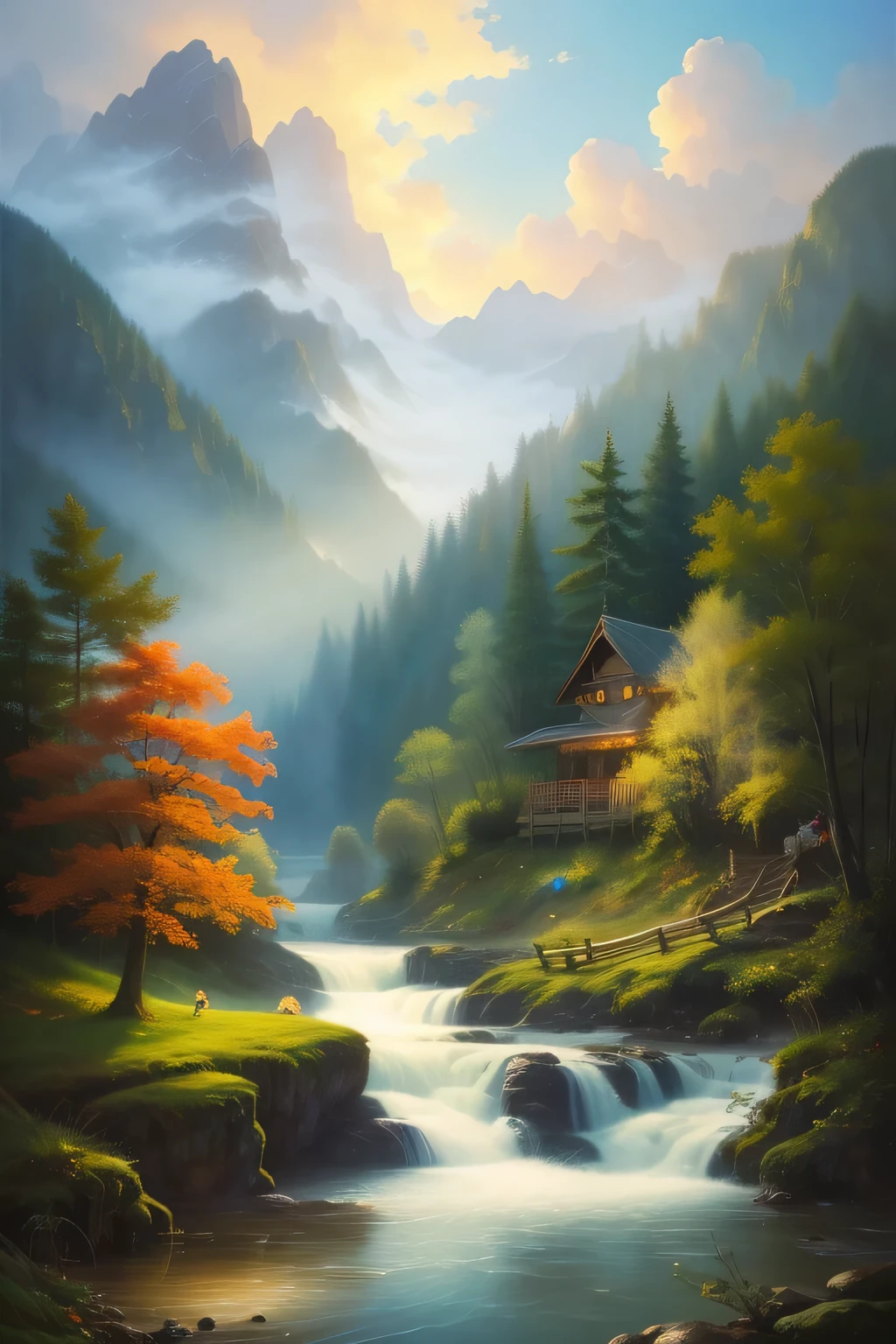 (masterpiece、High level image quality、high quality)、(Mystical scene:1.5、nature&#39;hymn of:1.4、natural wood pile,mountain stream)、perfect pure woman、Supermodel、beautiful scenery、perfect picture:1.4、sad thoughts、Black hair swaying in the wind、transparent silk garment、sun、wild bird、