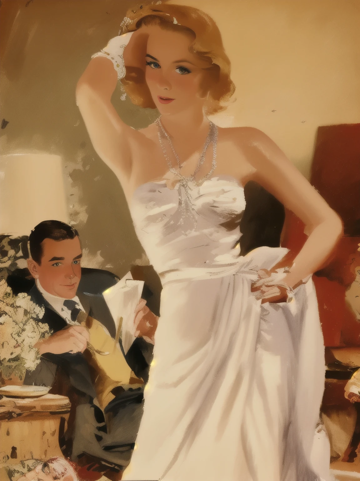 painting of a woman in a white dress standing next to a man, 5 0 s pulp illustration, by John La Gatta, by Harry Shoulberg, by Jon Whitcomb, vintage pulp art, by Andrew Loomis, inspired by Art Frahm, romance novel cover, by Tom Lovell, by Charles Mahoney, by John Armstrong, retro pulp art