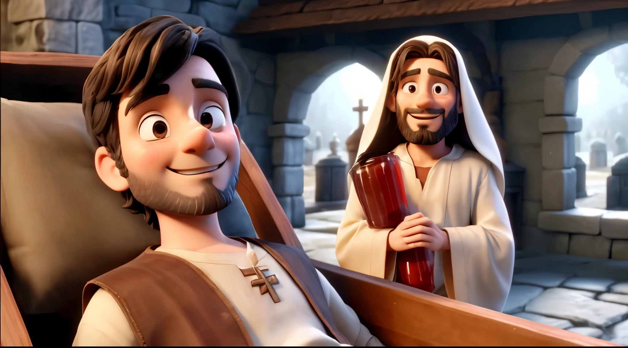 In this image, Jesus is pouring red liquid from a small container into a large jar. He is smiling and wearing a white robe with a brown sash. The background is a tan stone wall.