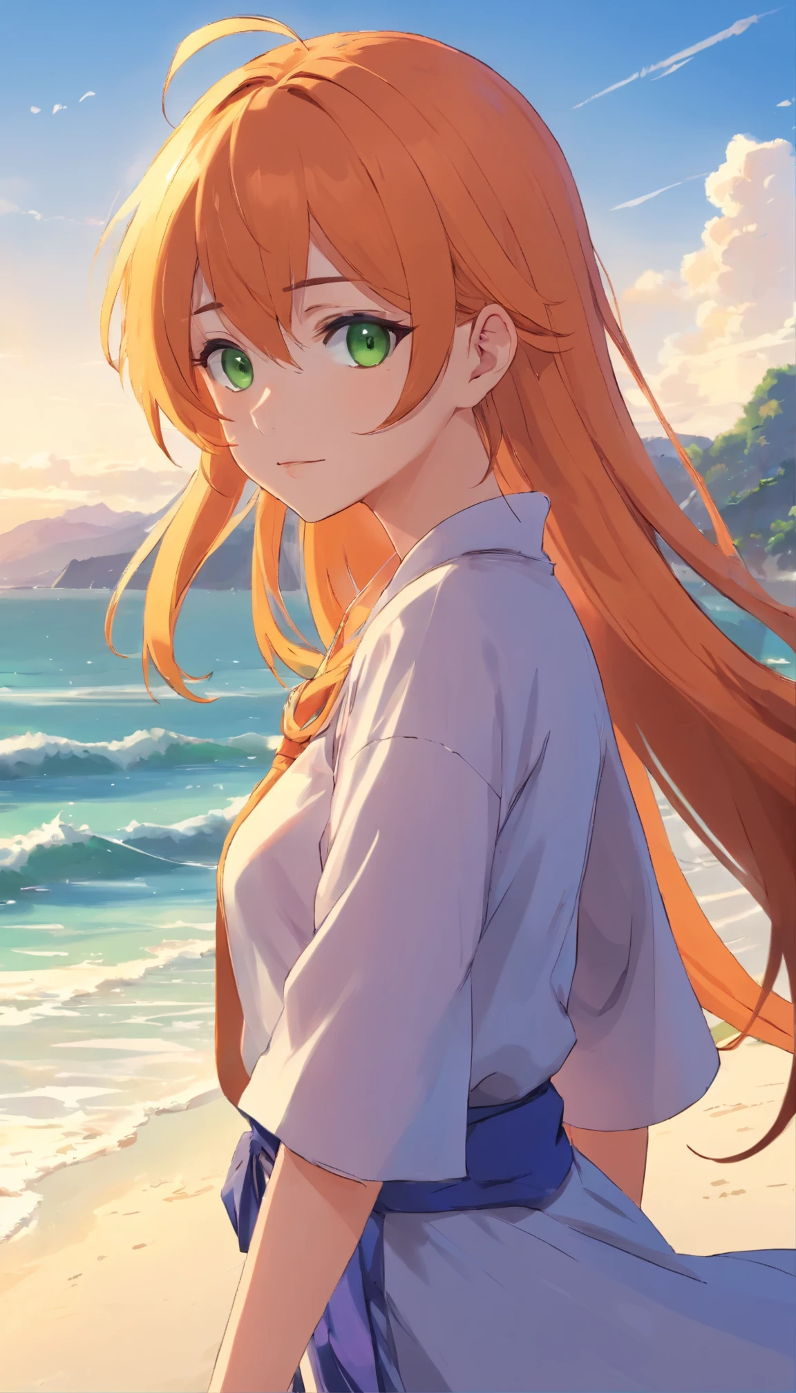 Anime girl with long orange hair, standing on the beach near the ocean, green eyes detailed digital anime art, Anime girl with long hair, гладкое аниме cg art, Anime girl with long hair, digital anime art, work in Guweiz style, Beautiful anime portrait, Photorealistic render of an anime girl, Beautiful anime girl, advanced digital anime art, guweiz на artstation pixiv HD UHD HQ
