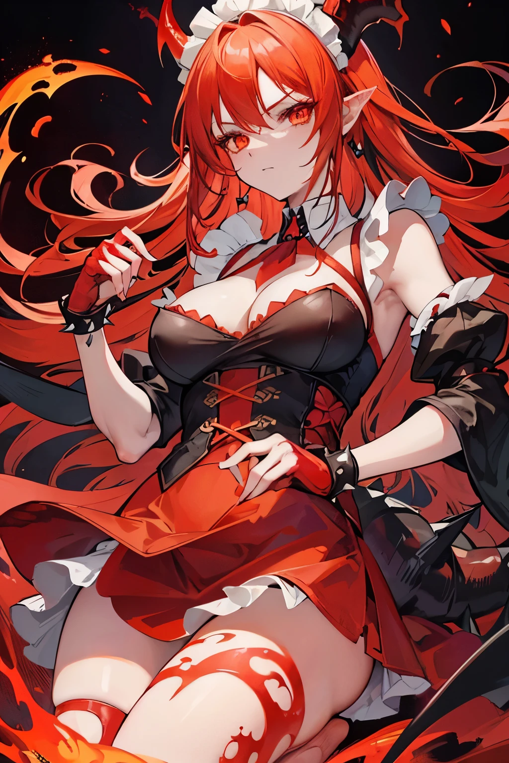 Demon, female (fiery and passionate), horns (with long, spiked tail), deep captivating red skin, intense fiery orange eyes, magic (specialty), fire manipulation (specialty), headstrong (personality), impulsive (personality), ((underworld adventurer)), ((maid))