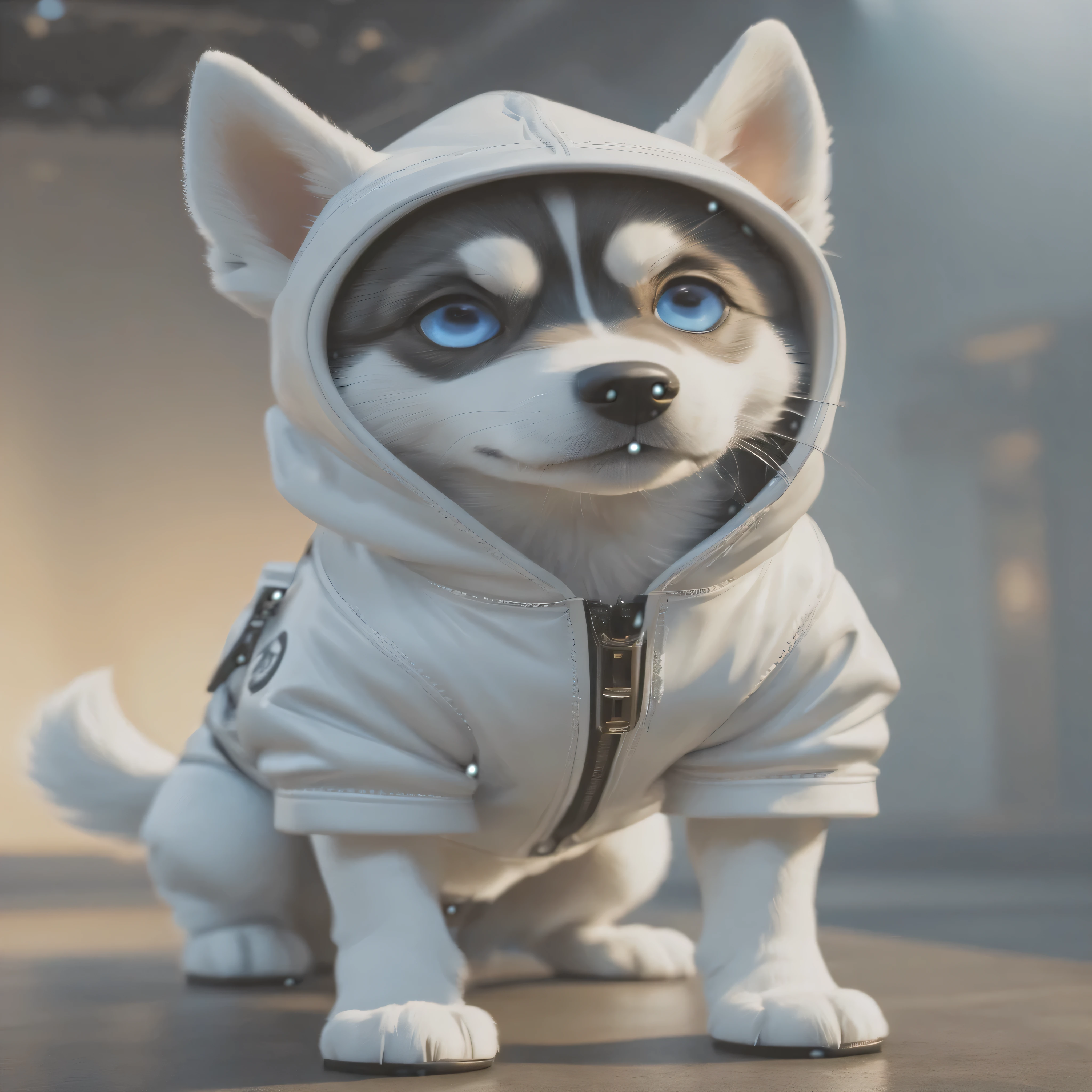 （A husky puppy in a white hat jacket walks down the runway）, Husky dog in white jacket runs on the catwalk，（A husky puppy in a white hat jacket：1.37）, （Eine Kapuze tragen：1.37）（Wears white pants：1.37）, (schwarze Stiefel：1.37），((wears cool sunglasses：1.37)) ，（Cool and handsome dog:1.1），（Anthropomorphic dog White dog））, （Mensch-Hund-Hybriden）, hochmodisch, （Anthropomorphe Hunde：1.1），pooch!!!!! ( white dog ) ，Sehr stilvoller Welpe,  ， Anthropomorpher Hund , 

Hintergrund: drinnen im Zimmer， Laufsteg scene,Der Schauplatz der Modenschau， (((Szene auf dem Laufsteg))), Beautiful blue stage, colorful atmosphere.Betonung der Dynamik, Rotationsbewegungs-Raytracing beim Compositing, Gott Licht, hyper HD, Ein Meisterwerk anatomischer Knoten，Verleiht der Haut Textur, Super Detail, hohe Details, good quality, Ausgezeichnet, Best quality,  strukturierte Haut, Super Detail, Ausgezeichnet, Best quality, 8k-Vision, Laufsteg, realistisch, Fantasyart，{{Meisterwerk}}, {{{Best quality}}}, {{Ultradetailliert}}, {{Illustration}} ，,Fotografie,Konzeptkunst des Charakters,Pixar-Stil,Ghibli-Stil,Cartoon-Stil,Vinyl-Figuren,Karikatur,Meisterwerk,Illustration,illusorischer Motor,Wiedergabe durch Oktan,Corona gerendert,v-ray,Tilt-Shift,Full body lesbian,langer Schuss,Strahlen schimmernden Lichts,a 3D render,