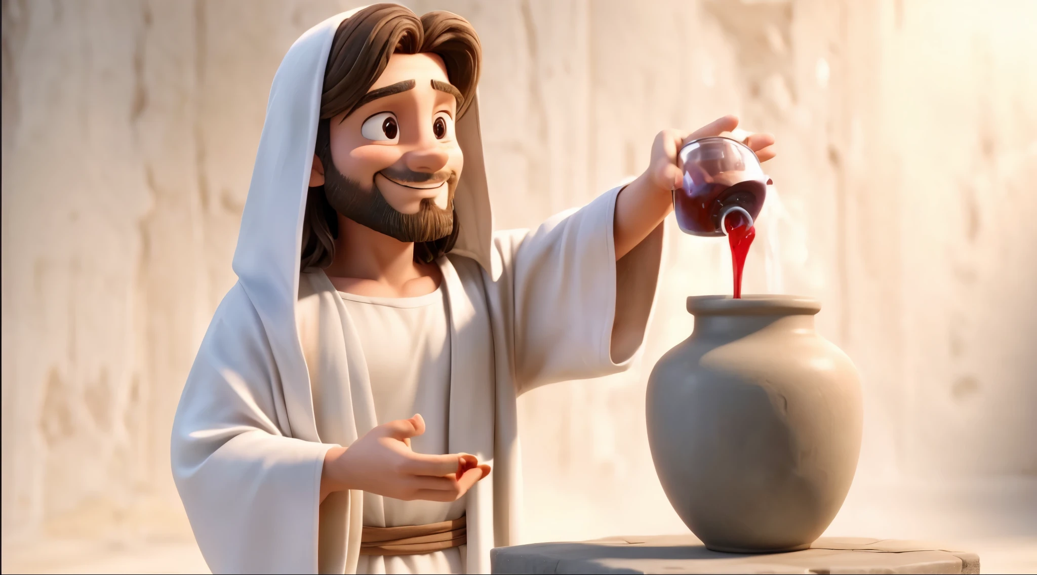 In this image, Jesus is pouring red liquid from a small container into a large jar. He is smiling and wearing a white robe with a brown sash. The background is a tan stone wall.