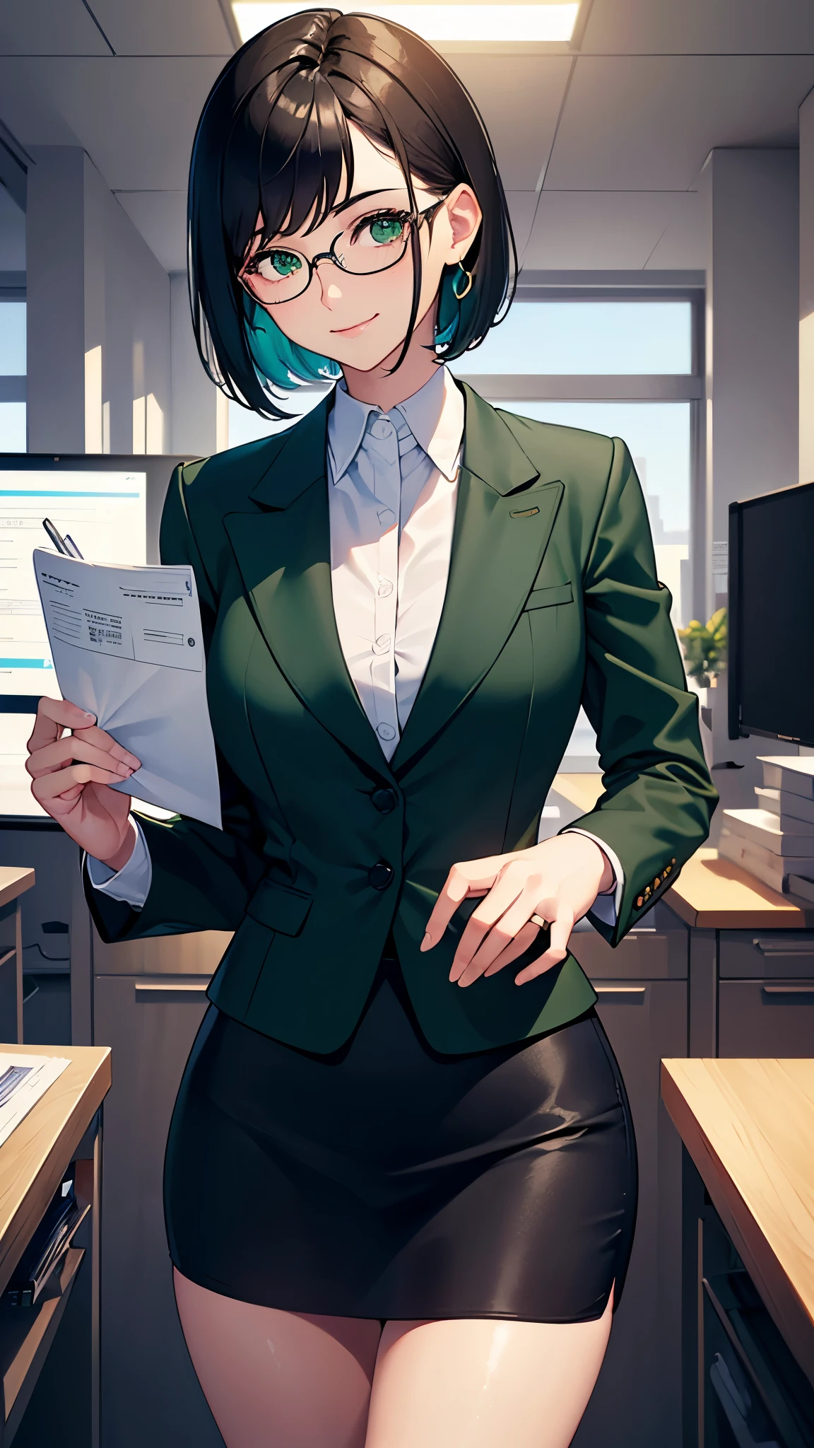 perfect anatomy, masterpiece:1.2, best quality, 8k, beautiful detailed grow, daydreaming expression, business stance, break, (in the office) (hand holding a ticket), (solo bob black hair short hair lovely woman, 31 yo, glasses, lovely green eyes, love smile), in a business jacket, office suit, Tight Skirt, background is City highway.