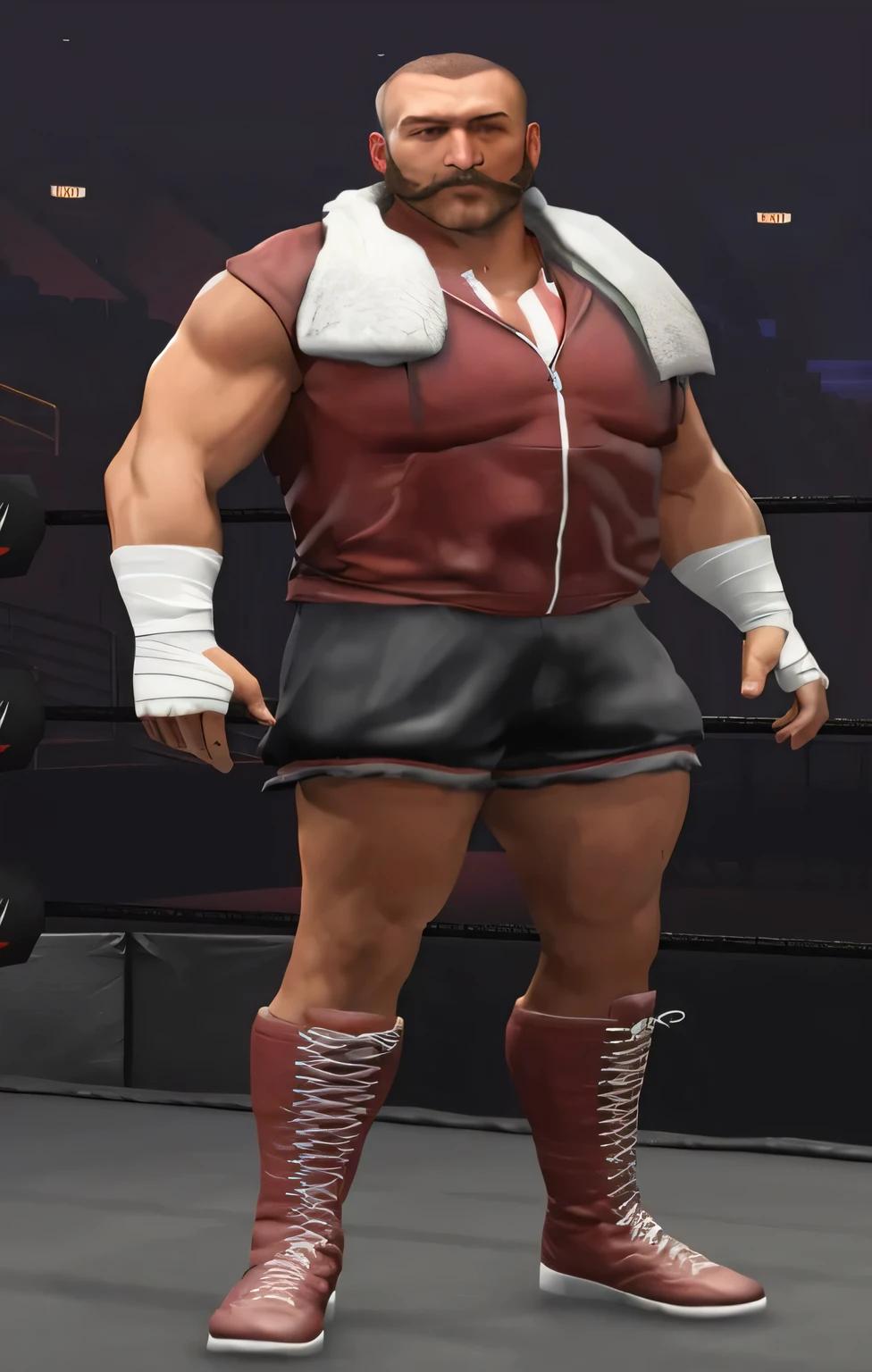 ((masterpiece, best quality)) Large Russian Man, in Sleeveless Red Zip-Up Hoodie, White Towel Around His Neck, Cloth Wraps Around His Hands, Short Black Shorts that Only Go Down to Just Below Mid-Thigh, Gunslinger Mustache-Chops, Receeding Hairline and Short Stubbly hair