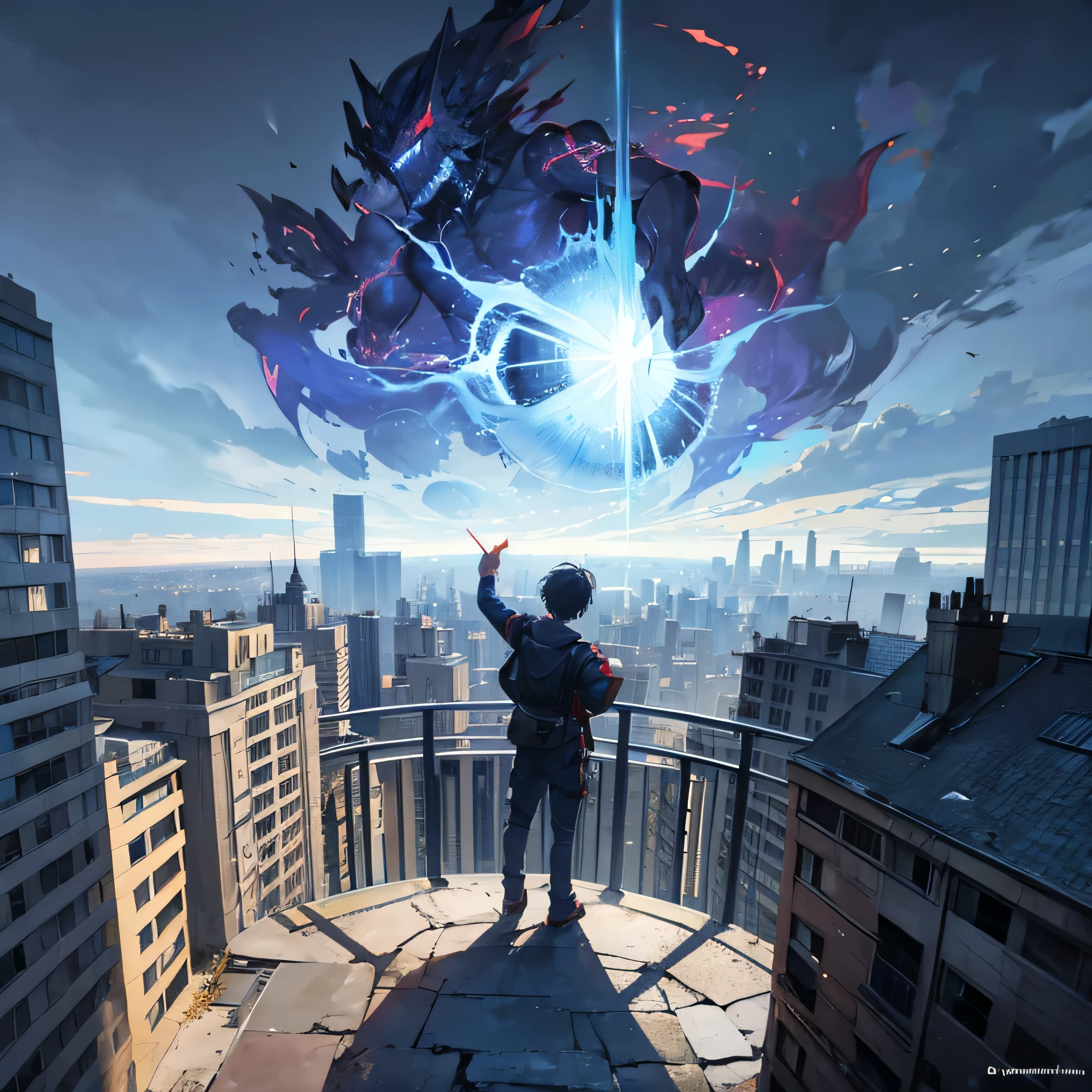 Boy on top of the building, seeing the city destroyed and a portal coming out of several dark monsters