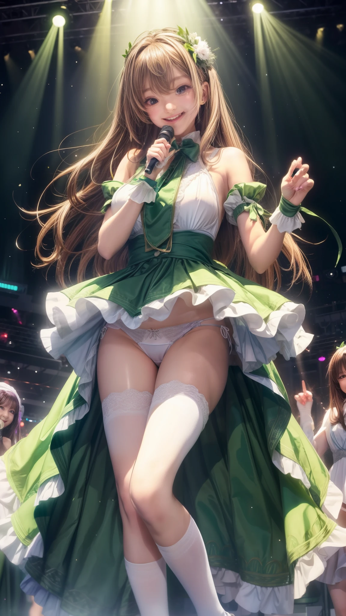 highest quality、All limbs、full finger、Slender beauty、straight hair、brown hair、Dereste、green, white and purple idol costume、white panties、high socks、beautiful big breasts、live stage、sing、dancing、big smile