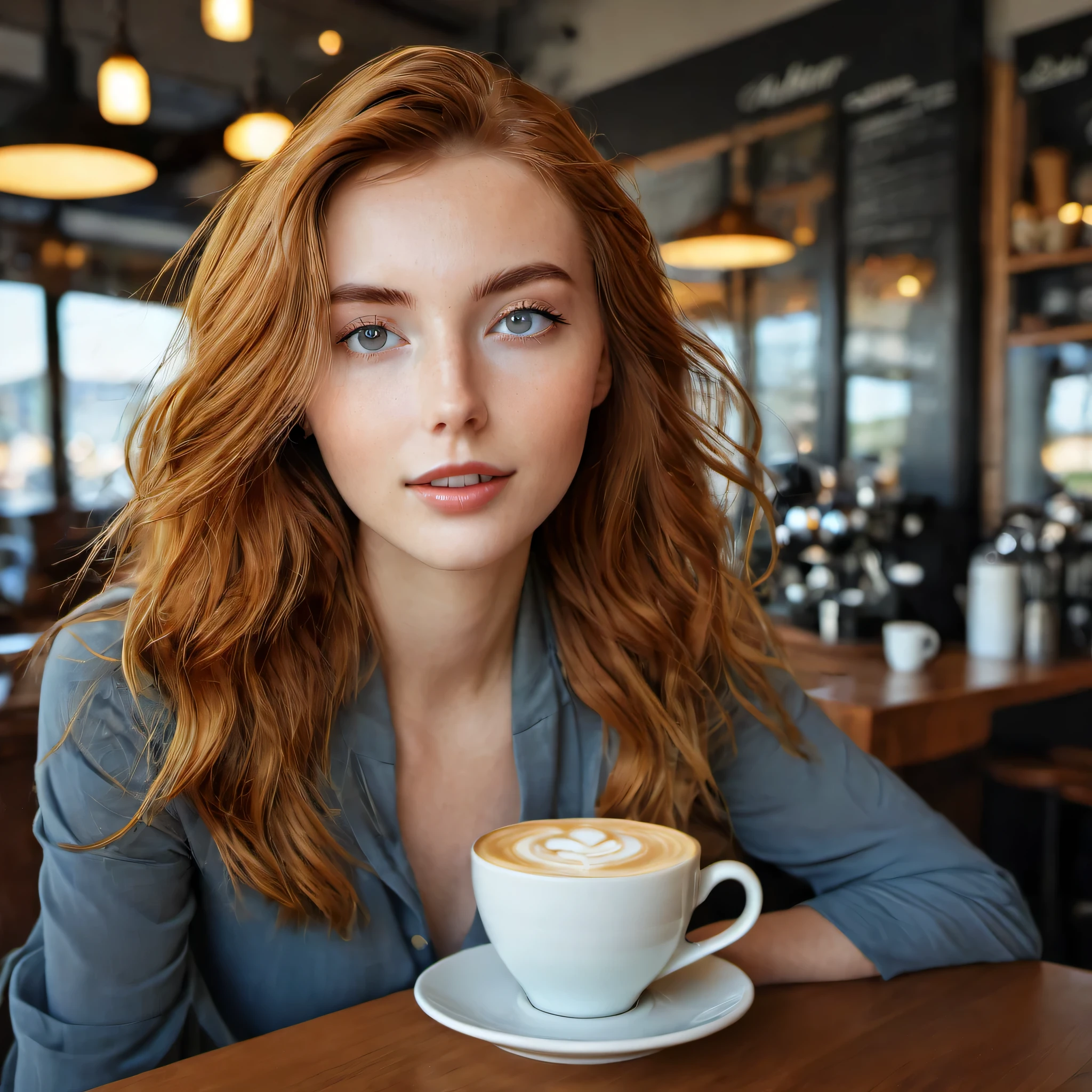 Beautiful 25 year old woman (perfektes Gesicht), Rotschopf, langes rotes Haar, blasse Haut, Large , weibliche Figur, sie ist elegant gekleidet, sits in a modern café, Cappuccino, Augen mit vielen Details, Perfect body, Hautpo, natural skin, Meisterwerk, fotorealistisch, RAW-Foto, Best quality, high resolution, satte Farben, Hintergrundbeleuchtung, filmische Beleuchtung, Filmkorn, RAW-Foto, 50-mm-Objektiv, Nikon D850, warme Farben