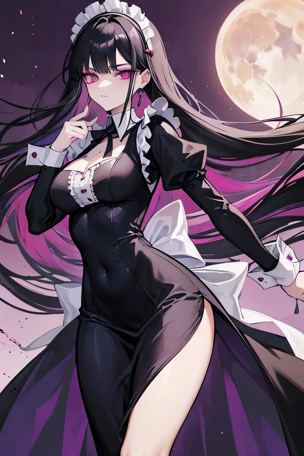 Vampire, female (demure and loyal), jet-black hair (elongated), violet eyes (piercing), slender, agile, seduction (specialty), mystery (specialty), calm (presence), charming (presence), ((manor caretaker)), ((maid))