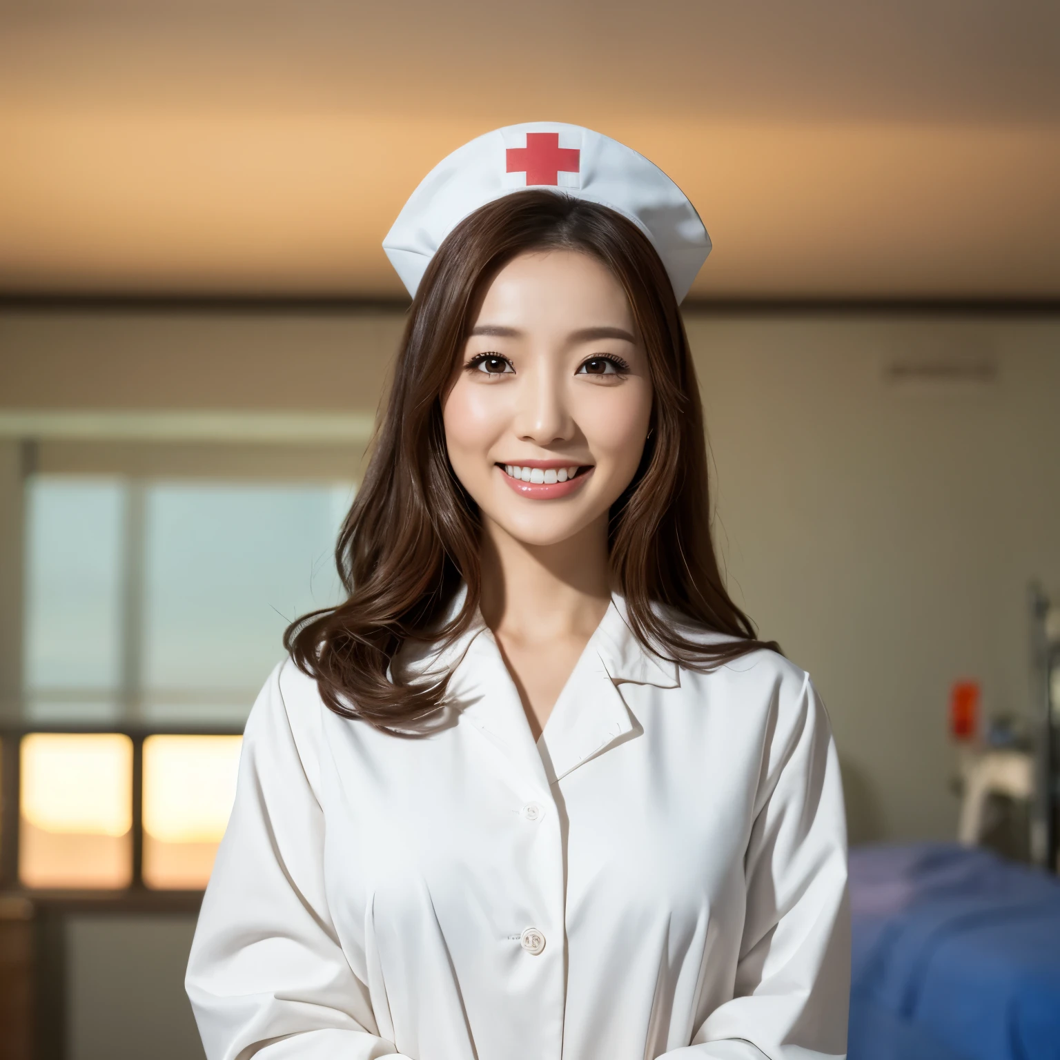 (highest quality、table top、8K、best image quality、Award-winning work)、1 nurse、(solo:1.2)、(The perfect and most natural nurse&#39;s pure white lab coat:1.1)、(Perfect and most natural white plain nurse cap:1.1)、The most natural and perfectly organized hospital room、A perfectly organized hospital room、The most natural and practical hospital room、blurred background、big breasts、emphasize body line、(standing elegantly:1.1)、(beautiful nurse advertising image:1.2)、(close up of face:1.1)、the biggest smile looking at me、accurate anatomy、(Beautiful skin shining in the sunset:1.1)、(vivid and romantic sunset:1.3)、(A fantastic and romantic sunset:1.2)、(epic movie lighting:1.1)、(romantic evening hospital room:1.1)、Super high-definition glossy skin、Super high-definition sparkling eyes、Super high definition beautiful hair、Super high definition beautiful teeth