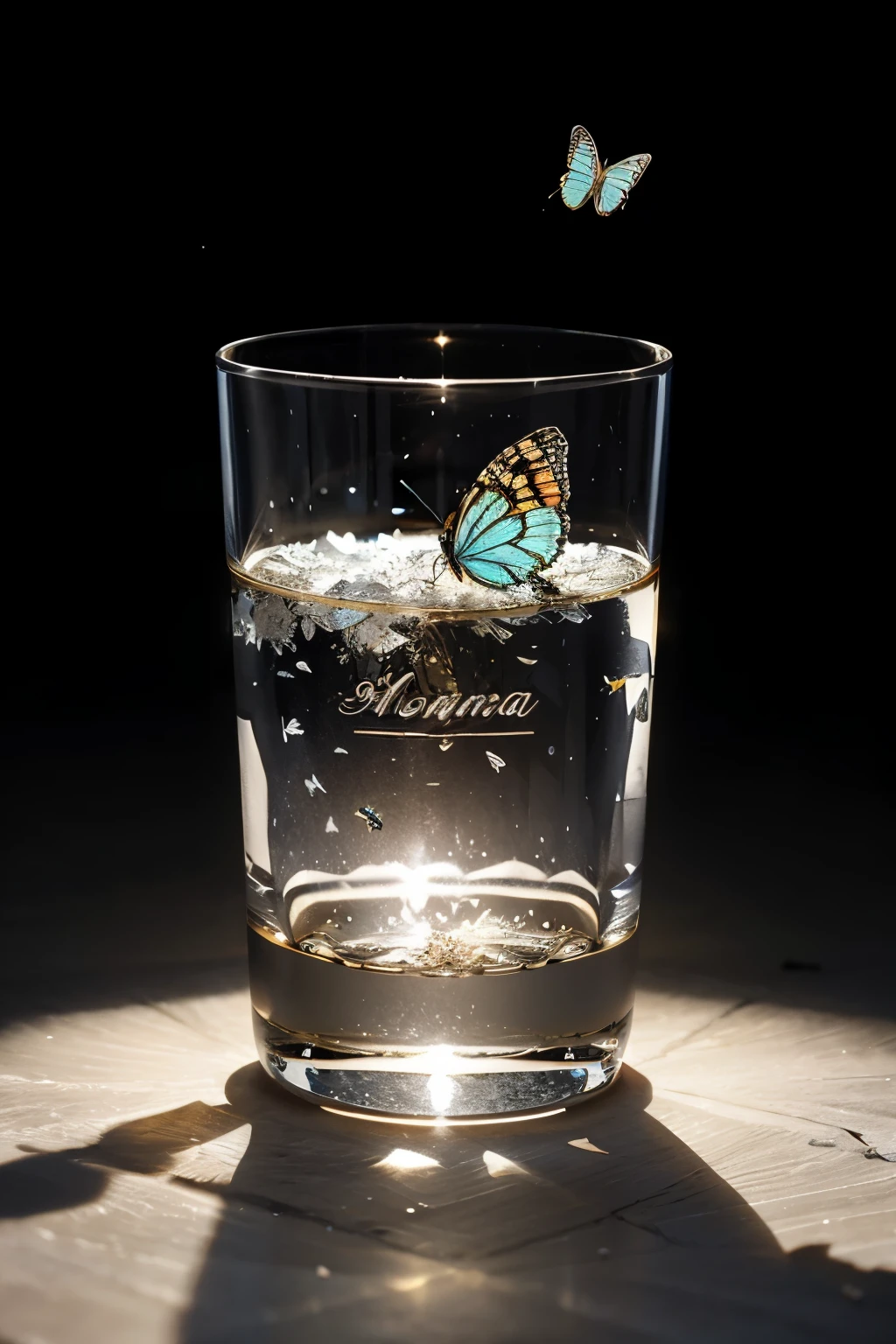 piece of ice in which the first name Mouna has been engraved with butterflies around it