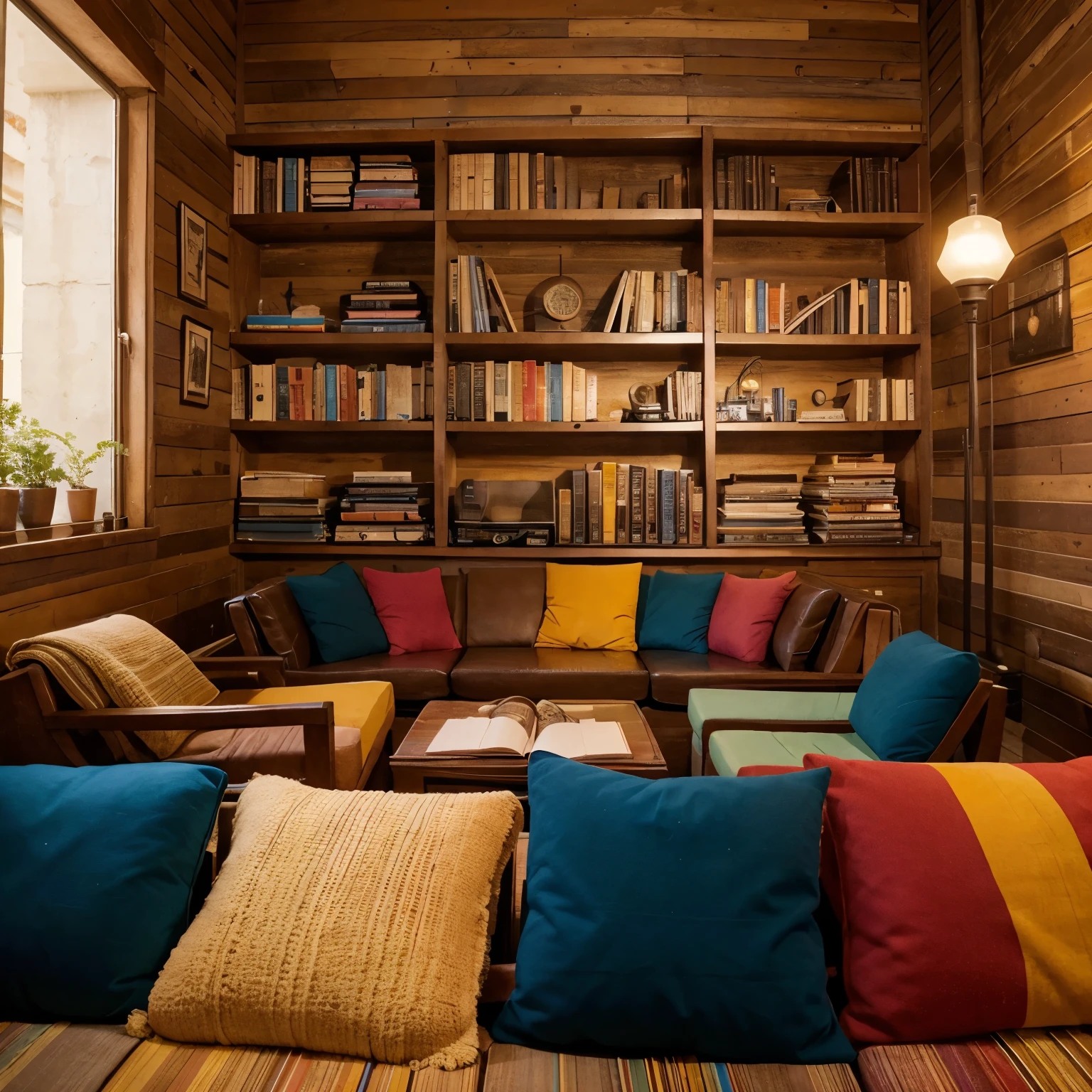 Zona de comfort donde aparezcan muchos libros,a lot of music,referencias a material audiovisual, mucho aprendizaje, that transmits homely warmth and has many colors.