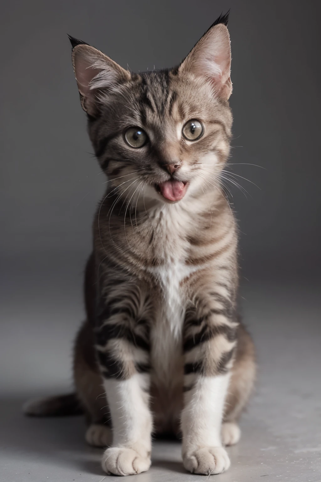 detailed realistic image of 1kitty: small, kind, cute, funny, friendly kitty (ideal cat body proportions), thick even fur, highly detailed clearly eyes, flat color monotone background, smile, yawny mouth, ultra-realistic, highly detailed, hd, Hasselblad 907X camera shot, Extremely Realistic