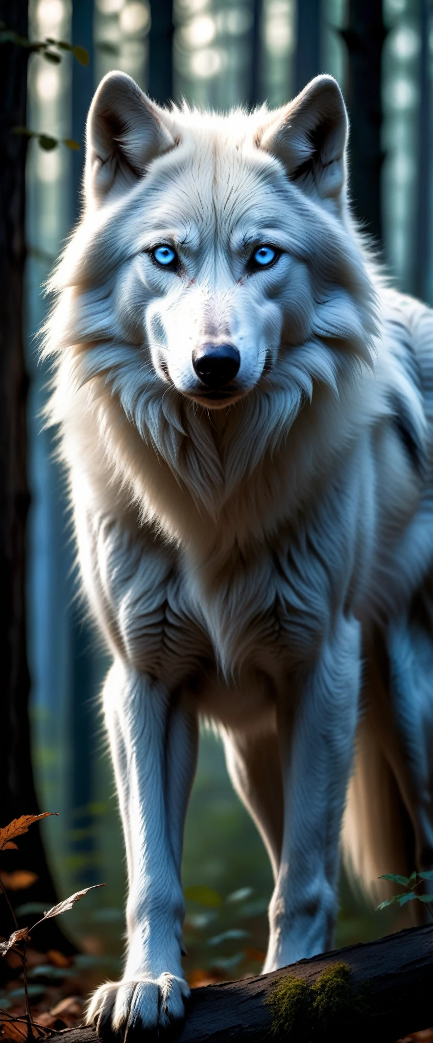 white wolf with blue eyes in the forest,realistic,highres,ultra-detailed,wildlife,night scene,moonlit,ominous shadows,dense foliage,quiet ambiance,majestic creature,poised,alert,sharp-pointed ears,fierce gaze,powerful presence,untamed beauty,ominous,striking contrast,fearsome predator,graceful and stealthy movements,dark and mysterious habitat,howl in the distance,black fur glimmering under moonlight,pristine and untouched environment,mystical atmosphere,vivid colors,whisper of the wind,rustling leaves,slender and muscular frame
