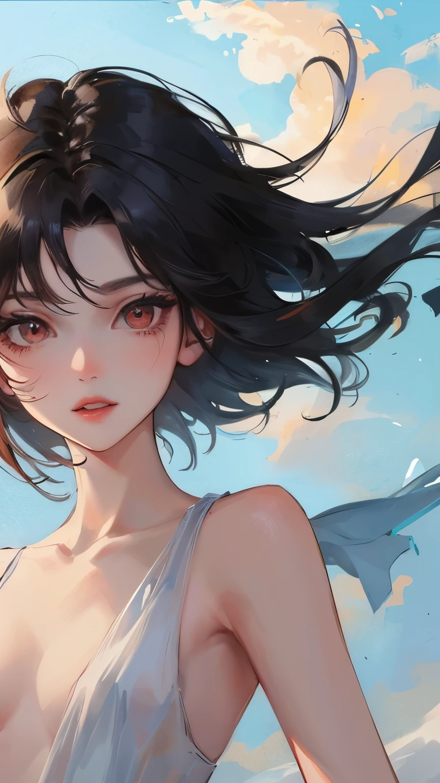 young girl　black hair　short hair　red eyes　irreverent face　look down　thin body　thin thighs　small breasts　small ass　toned body　blue sky　cloud　hair blowing in the wind　high quality　High resolution　8k　vampire　watercolor　natural feel　bridge of the nose　((最high quality)), ((masterpiece)), (get used to it), dignified face　grassland　close up of face　Beautiful as a goddess　whole face　lipstick　eye shadow　naked 　ID photo style　one piece　long eyelashes　Accurate　No decoration　Bare skin　　No accessories　In underwear　全naked