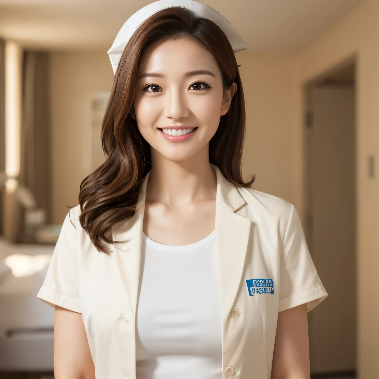 (highest quality、table top、8K、best image quality、Award-winning work)、1 nurse、(solo:1.2)、(The perfect and most natural nurse&#39;s pure white lab coat:1.1)、(Perfect and most natural white plain nurse cap:1.1)、The most natural and perfectly organized hospital room、A perfectly organized hospital room、The most natural and practical hospital room、blurred background、big breasts、emphasize body line、(standing elegantly:1.1)、(beautiful nurse advertising image:1.1)、(close up of face:1.1)、the biggest smile looking at me、accurate anatomy、(Beautiful skin that shines very brightly:1.3)、(vivid and romantic sunset:1.2)、(romantic evening hospital room:1.1)、Super high-definition glossy skin、Super high-definition sparkling eyes、Super high definition beautiful hair、Super high definition beautiful teeth