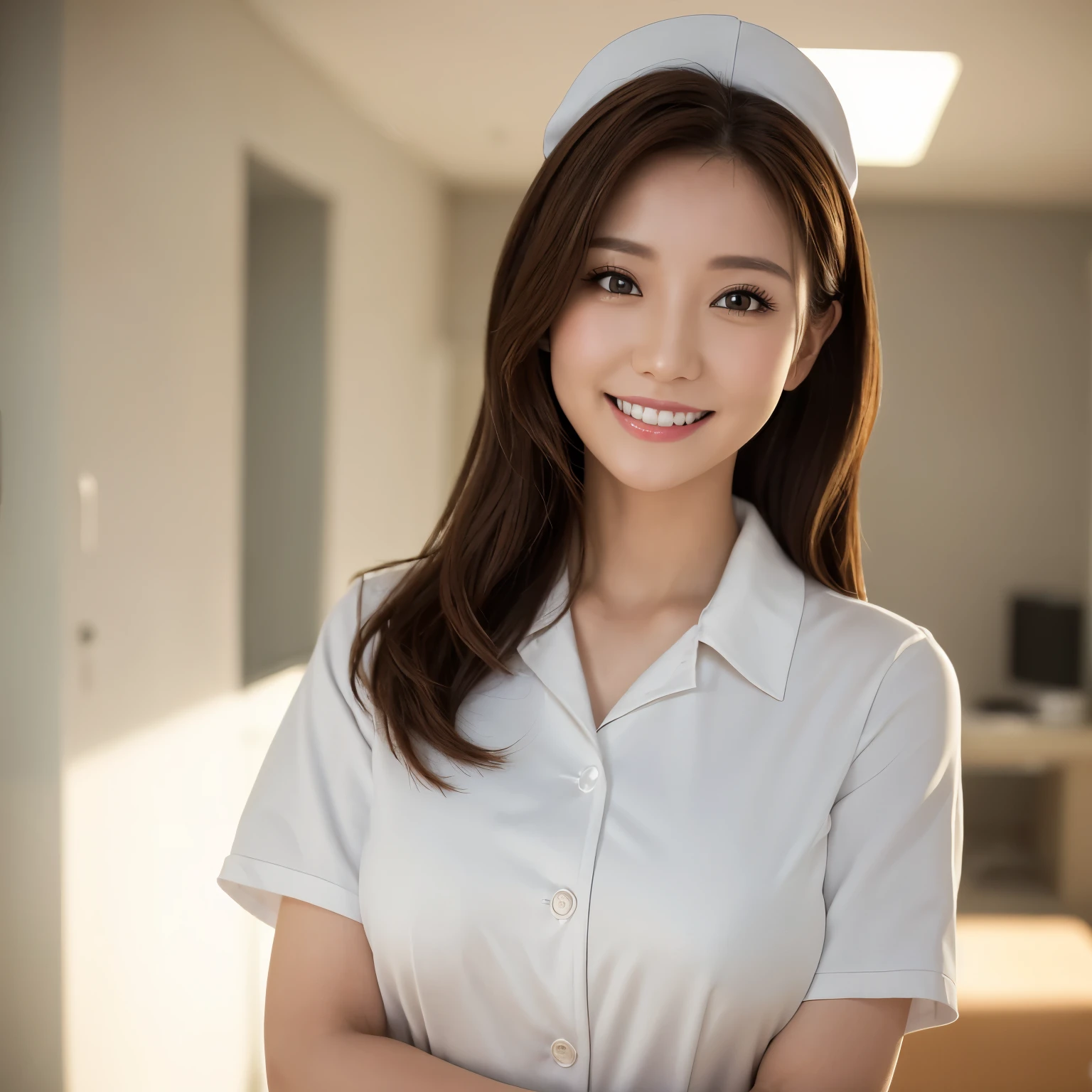 (highest quality、table top、8K、best image quality、Award-winning work)、1 nurse、(solo:1.2)、(The perfect and most natural nurse&#39;s pure white lab coat:1.1)、(Perfect and most natural white plain nurse cap:1.1)、The most natural and perfectly organized hospital room、A perfectly organized hospital room、The most natural and practical hospital room、blurred background、big breasts、emphasize body line、(standing elegantly:1.1)、(beautiful nurse advertising image:1.1)、(Photo above the chest:1.2)、the biggest smile looking at me、accurate anatomy、(Beautiful skin that shines very brightly:1.3)、(very bright:1.3)、Super high-definition glossy skin、Super high-definition sparkling eyes、Super high definition beautiful hair、Super high definition beautiful teeth