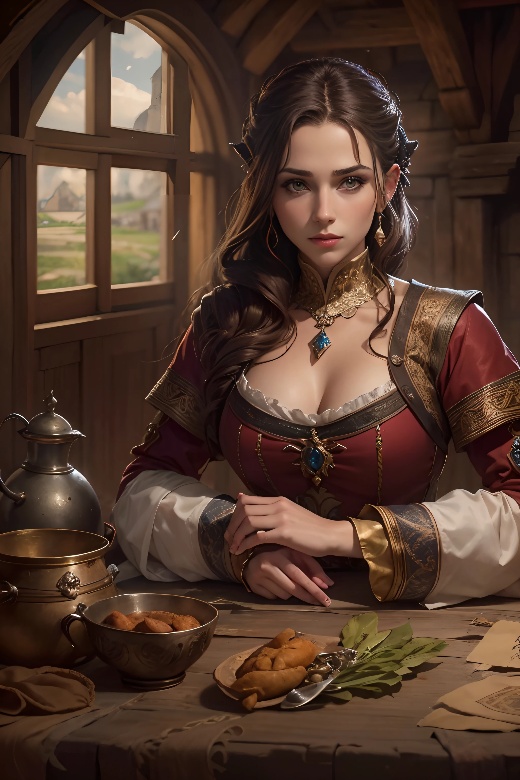There's one with brown hair and peasant clothes sitting in a tavern, fantasy genre portrait, Foto do personagem de fantasia, retrato medieval, como um personagem de fantasia medieval, donzela bonita, estilo medieval, vestidos com roupas medievais, retrato do personagem da fantasia, em estilo renascentista, em alto estilo renascentista, retrato realista do renascimento, linda donzela fantasia , medieval, jogo de fantasia medieval, Fotografia profissional,mulher europeia,(obra prima)(Ultra realista),(melhor qualidade),(mulher medieval :1.2),(Ultra Detalhado),(ambiente desfocado :1.5),(ambiente profundo),(trajes velhos :1.3)(roupa descastada)(camponesa :1.2)