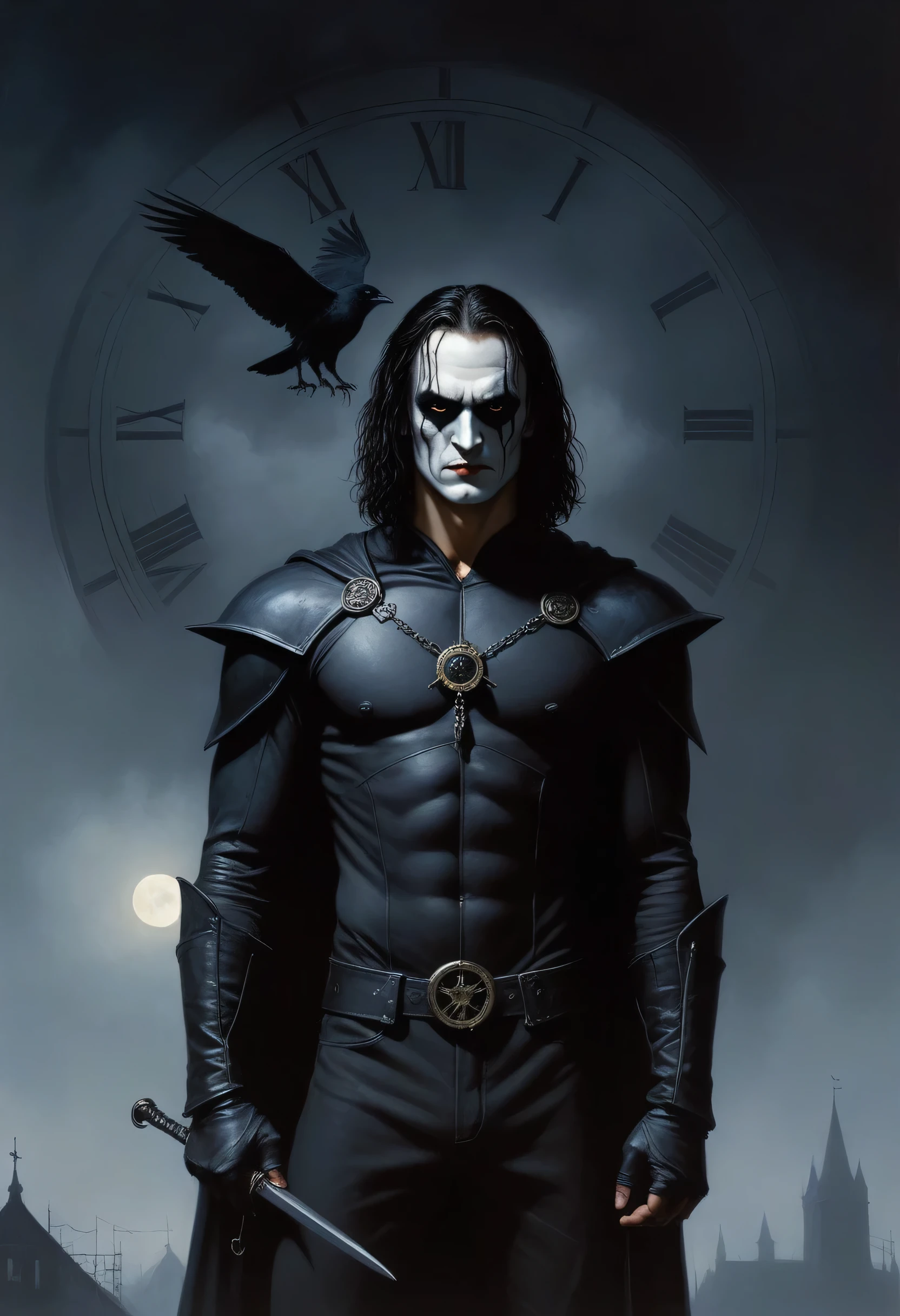 Brandon Lee as the crow. It's the year 1995, It's a dark, foggy night, the bright moon breaks through the fog and shines down on the dark figure of a man. His name is Eric Draven and he's the lead guitarist for a gothic heavy metal band called DEATH'S DOOR, dark, sinister, gothic, horror, fantasy - Hickory Dickory Dock, would you look at that lovely old clock - oil painting by Gerald Brom