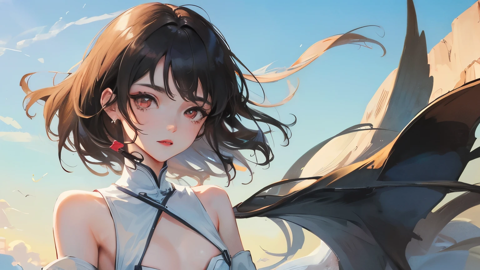 young girl black hair short hair red eyes irreverent face look down thin body thin thighs small breasts small ass toned body blue sky cloud hair blowing in the wind high quality High resolution 8K vampire watercolor natural feel bridge of the nose ((最high quality)), ((masterpiece)), (get used to it), dignified face grassland close up of face Beautiful as a goddess whole face I can see the nipples lipstick eye shadow Completely naked