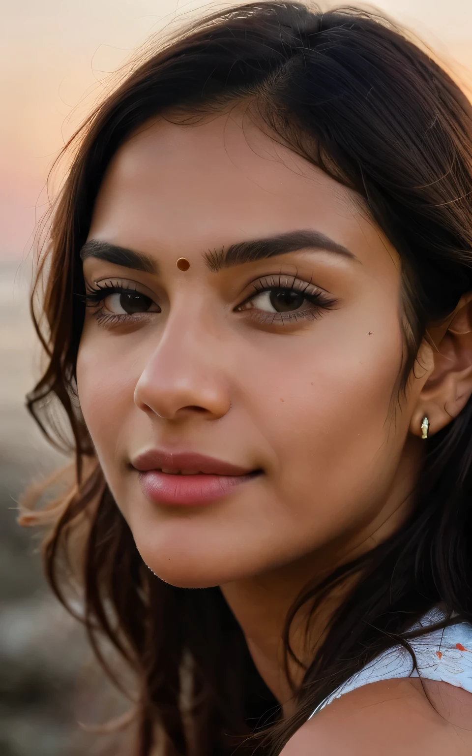 Cute beautiful Indian woman, sunset, very detailed, close up, long hair, innocent face, naturally wavy hair, brown eyes, high resolution, masterpiece, best quality, intricate details, very detailed, sharp focus, detailed skin, realistic skin texture, texture, detailed eyes, professional, 4k, charming smile, slight depth of field, perfect body, extremely detailed, photorealistic, realistic, post processing, maximum details, roughness, real life, ultrarealistic, photorealism, photography, 8k uhd, photography