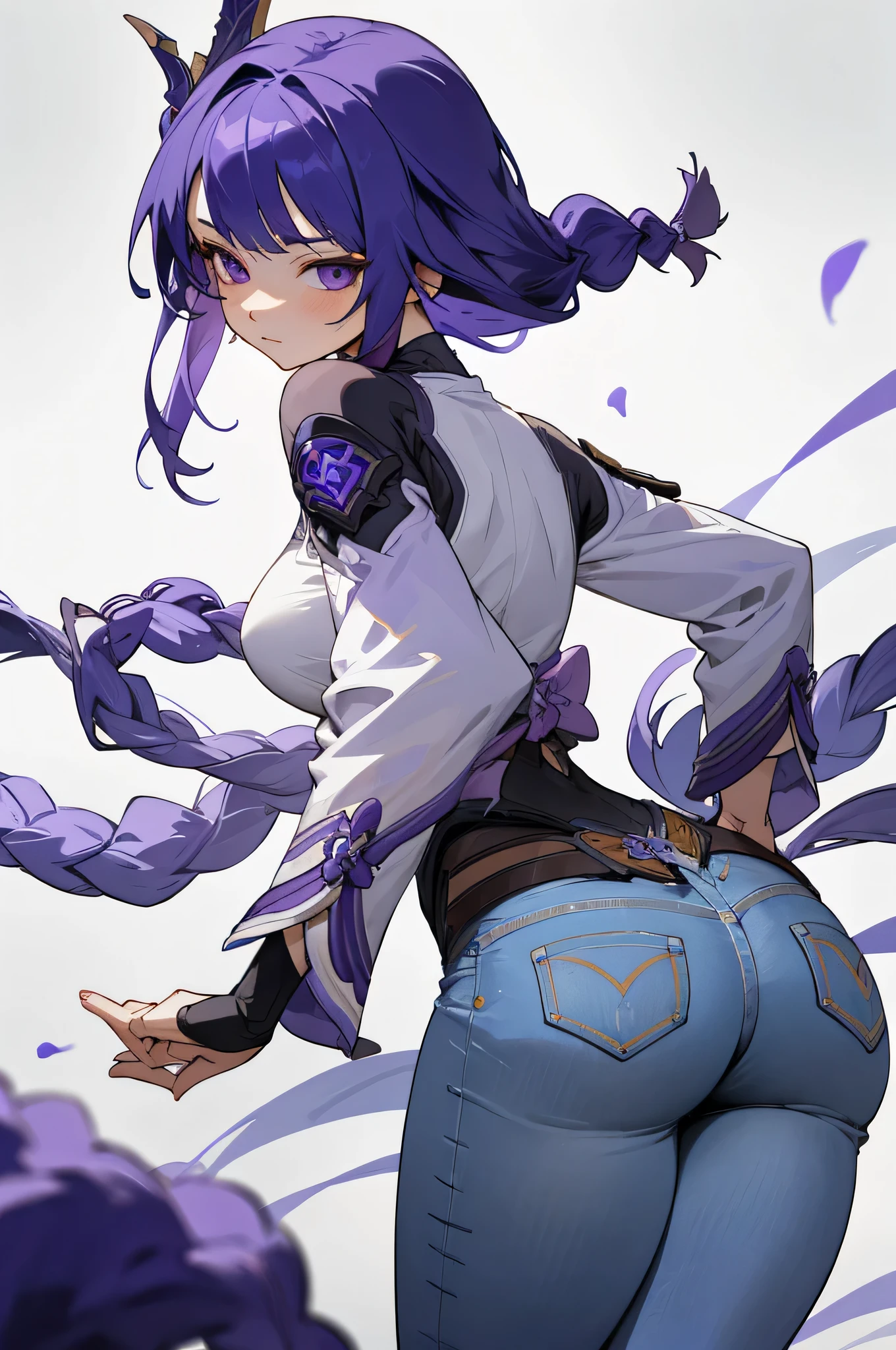 raiden ei, genshin impact, purple hair, braid buns, white shirt, jeans, simple background, butt, thicc, curves