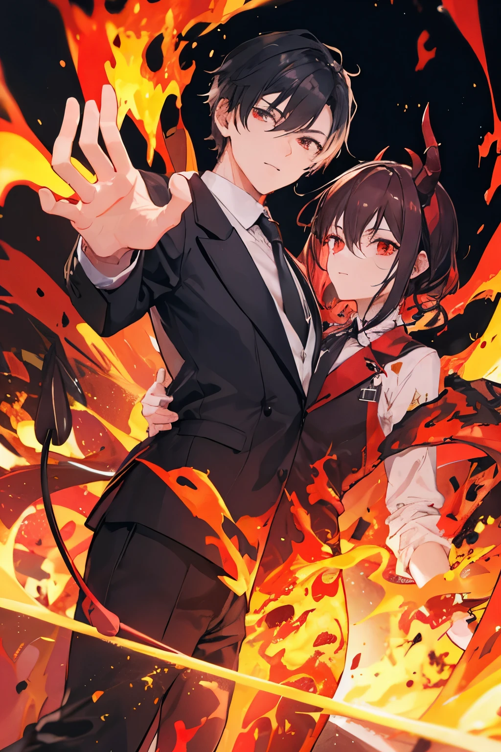 A male in a business suit giving a handshake to a demon engulfed in fire