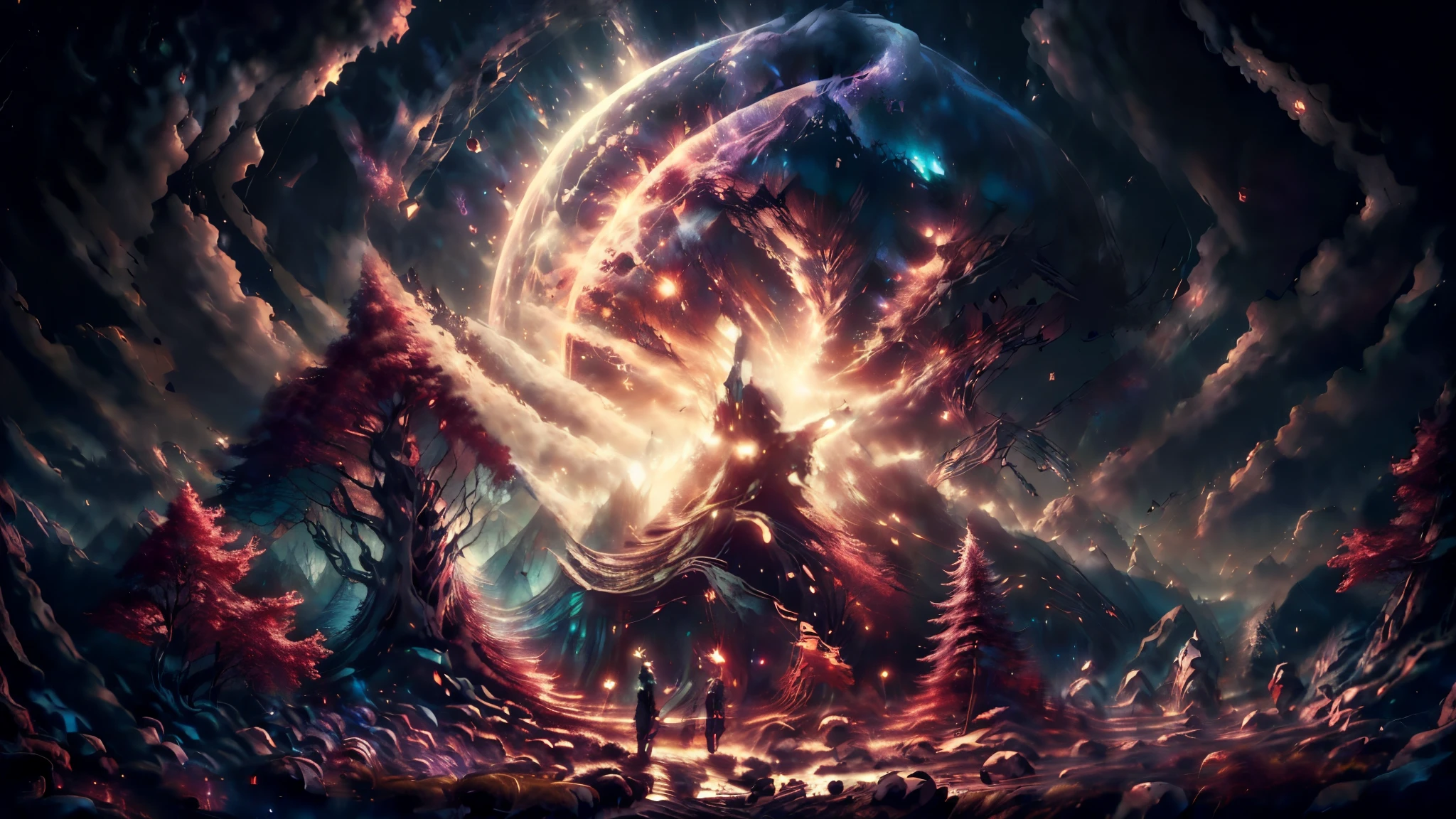 best quality, 8k, high resolution, masterpiece), ultra detailed, (realistic, photorealistic, photorealistic: 1.37), panoramic view, book cover, majestic stars, illustration, enchanted forest, trees, colorful, ethereal beauty, dreamlike atmosphere , wonder and mystery, captivating setting, tranquil reflection, romantic setting, endless enchantment, magical glow, subtle shadows,