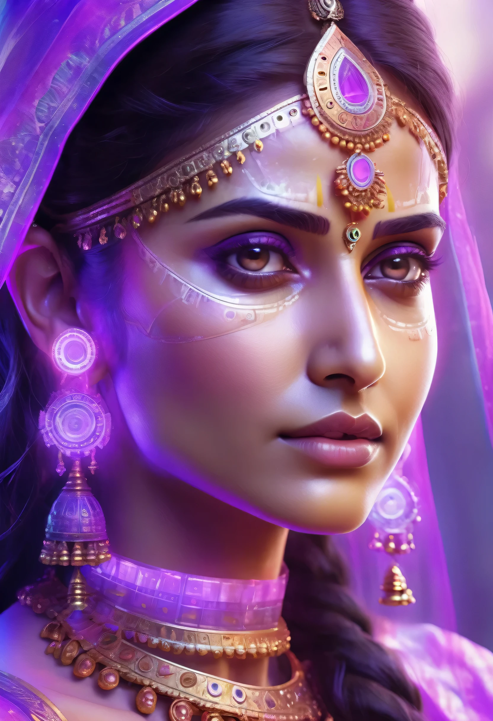 "(best quality,Ultra-detailed,Realistic:1.37),Indian ethereal translucide face,mechanical connection technology,visage indien,ethereal,translucide,mechanical,contexte futur,couleurs violettes vives"