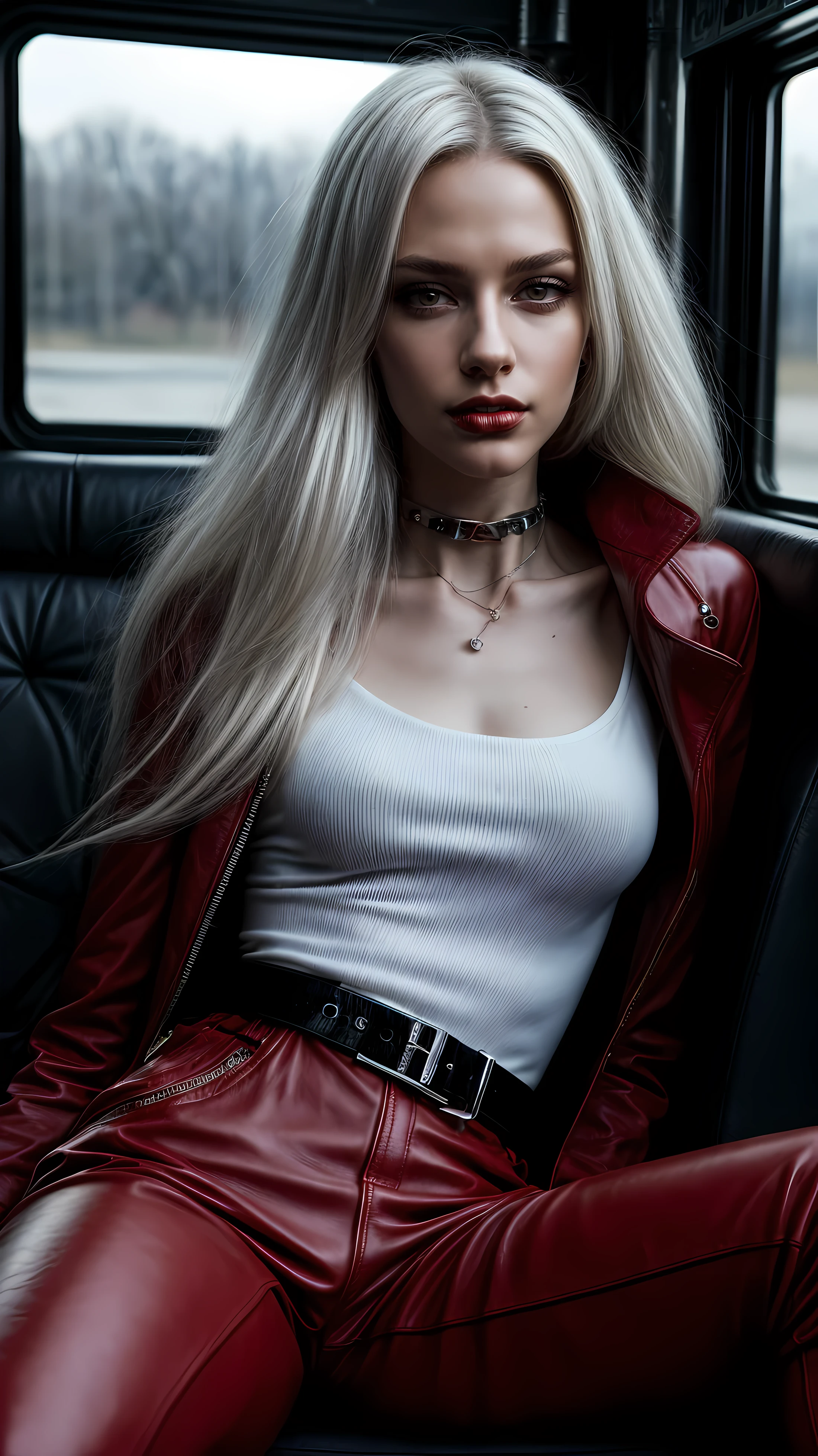 Seductive and confident look. Distant image. Long legs. Slim teenage european rock stylecgirl. Red leather trousers, sneakers. Sitting in a bus. White hair, sidecut. Piercing. backlit, smirk, belt, backlit, perfect sultry make-up, cinematic, realistic, high contrast, visually rich,piercing eyes, strong eyeliner, mesmerizing eyes, elegant, graceful, natural beauty, charismatic, versatile, photogenic, very detailed