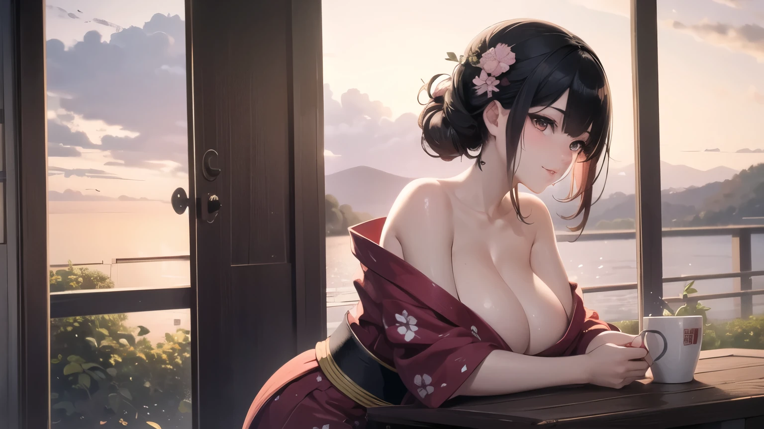 (((masterpiece, best quality))), (((superior quality))), cute girl, ((extremely detailed girl)), (huge breasts), (yukata), (bare shoulders), strapless top, slight smile