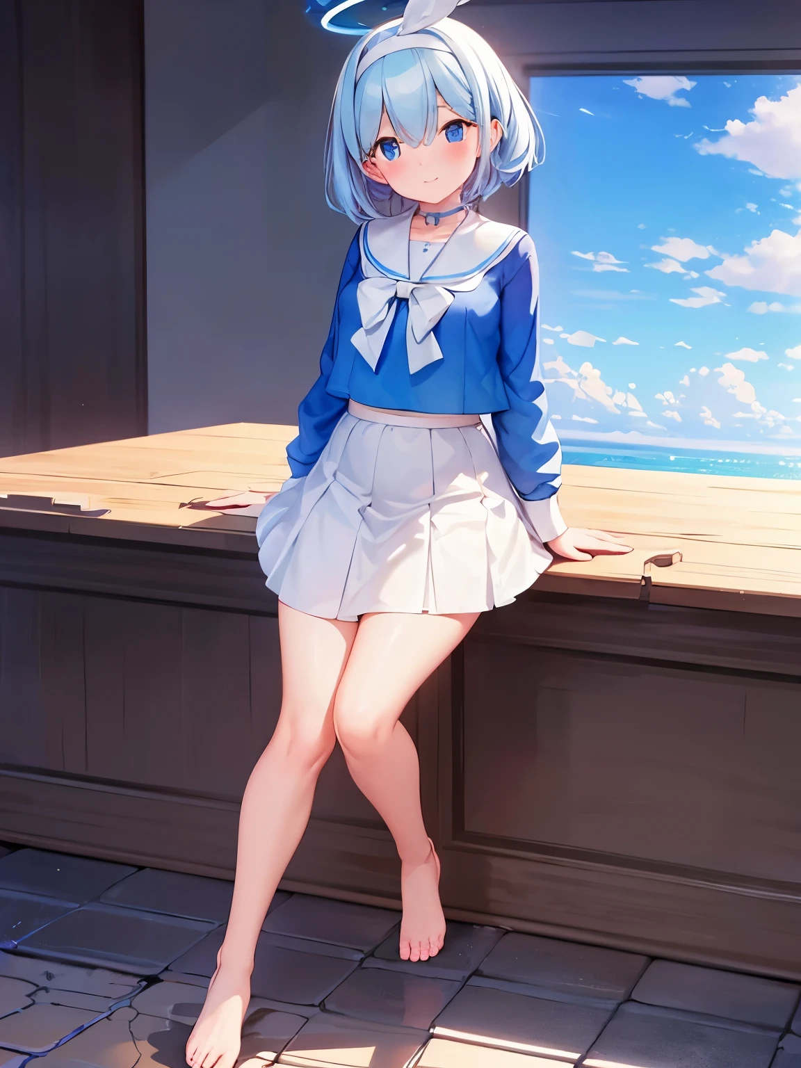 masterpiece, perfect face, (thick lines:1.0), (ultra-detailed:1.2), (oil painting:0.9), (extremely detailed CG unity 8k wallpaper:1.2), soft lighting, masterpiece, perfect face, (thick lines:1.0), (ultra-detailed:1.2), (oil painting:0.9), (extremely detailed CG unity 8k wallpaper:1.2), soft lighting, arona, 1girl, mechanical halo, solo, short hair, single braid,
, barefoot, blue shirt, long sleeves, white bowtie, white choker, white hairband, white sailor collar, white skirt, long skirt
smile, blush, feet, toes, looking at viewer, sitting, midriff, knees to chest
BREAK water, ruined classroom, blue sky, cloud, day, reflection, reflective water, shallow water
