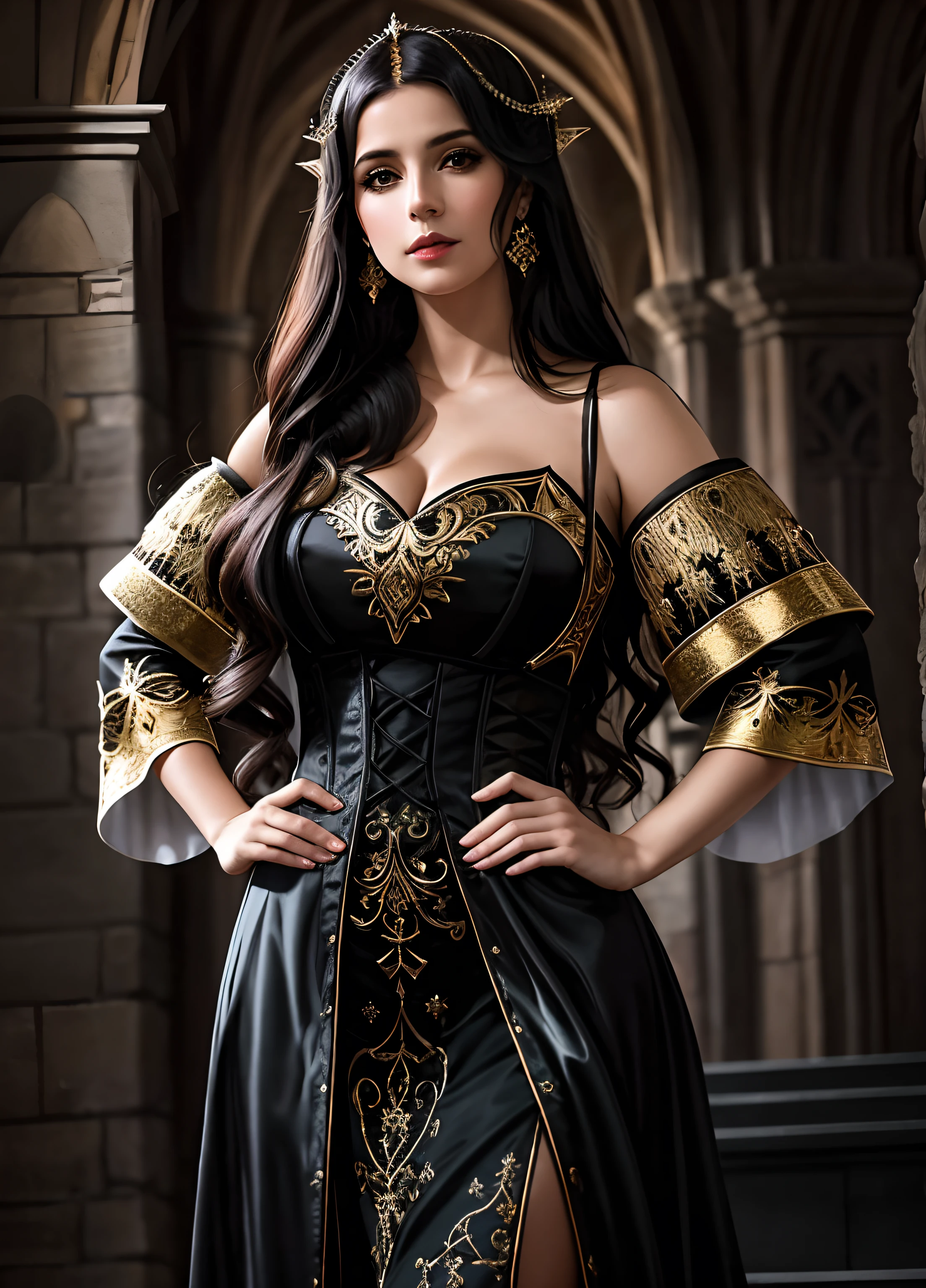 There's a fenticeira woman in shiny black clothes in her lab, fantasy genre portrait, Foto do personagem de fantasia, retrato medieval, como um personagem de fantasia medieval, donzela bonita, estilo medieval, vestidos com roupas medievais, retrato do personagem da fantasia, em estilo renascentista, em alto estilo renascentista, retrato realista do renascimento, linda donzela fantasia , medieval, jogo de fantasia medieval, Fotografia profissional,mulher europeia,(obra prima)(Ultra realista),(melhor qualidade),(mulher medieval :1.2),(Ultra Detalhado),(ambiente desfocado :1.5),(ambiente profundo)