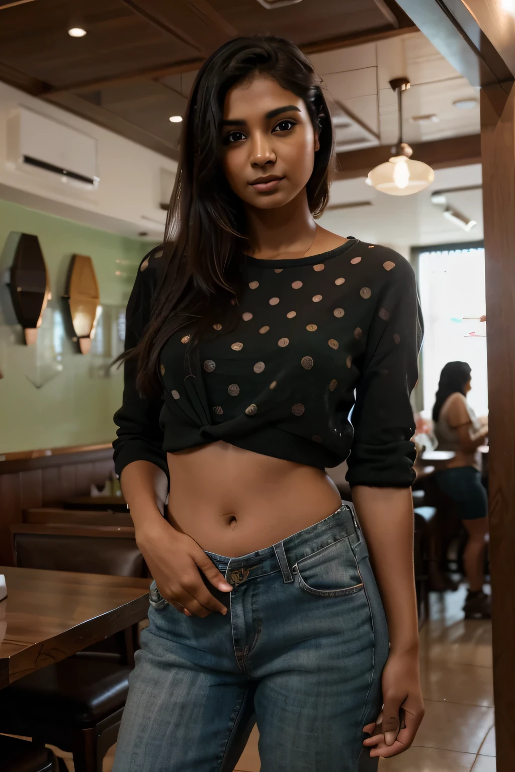 Generate hyper realistic image of a indian girl elegantly dressed in black t shirt and black jeans, sitting in a cafe, ,photorealistic, photopraphy,High detailed 