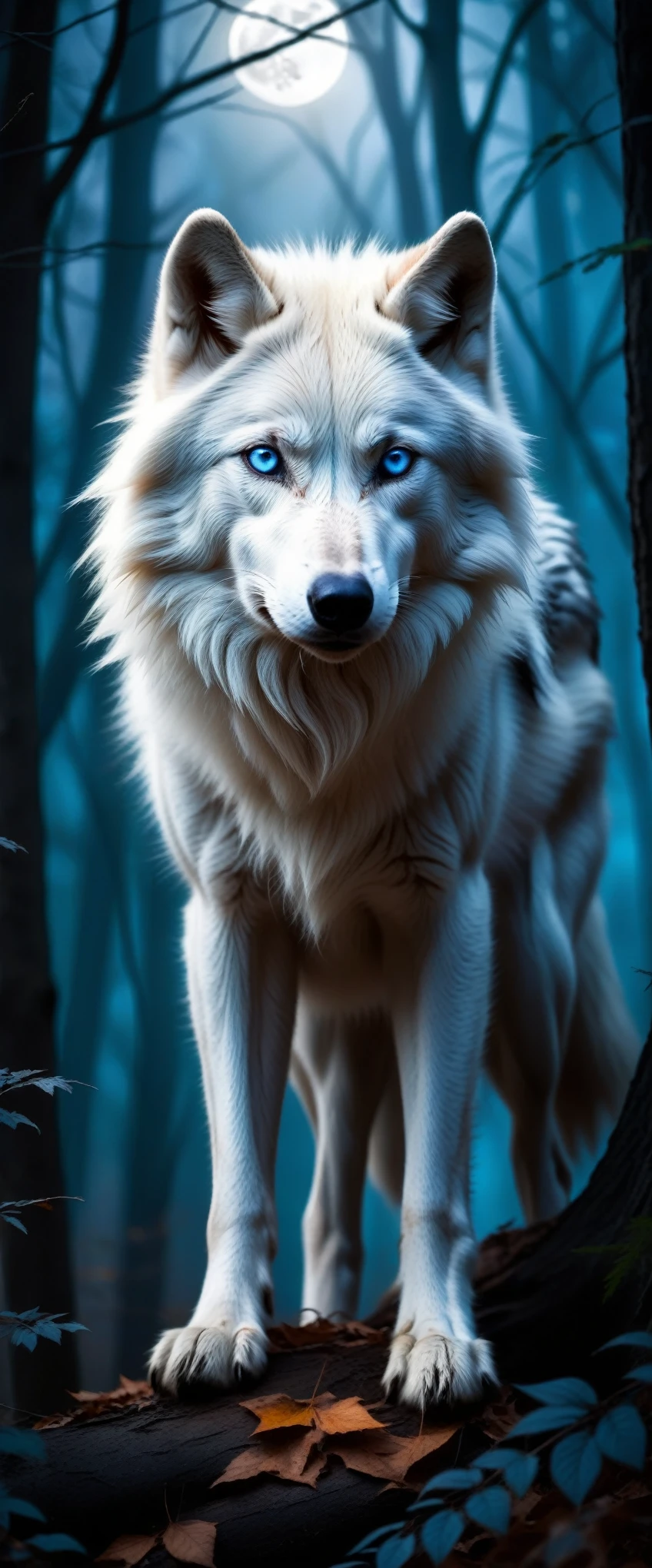 white wolf with blue eyes in the forest,realistic,highres,ultra-detailed,wildlife,night scene,moonlit,ominous shadows,dense foliage,quiet ambiance,majestic creature,poised,alert,sharp-pointed ears,fierce gaze,powerful presence,untamed beauty,ominous,striking contrast,fearsome predator,graceful and stealthy movements,dark and mysterious habitat,howl in the distance,black fur glimmering under moonlight,pristine and untouched environment,mystical atmosphere,vivid colors,whisper of the wind,rustling leaves,slender and muscular frame