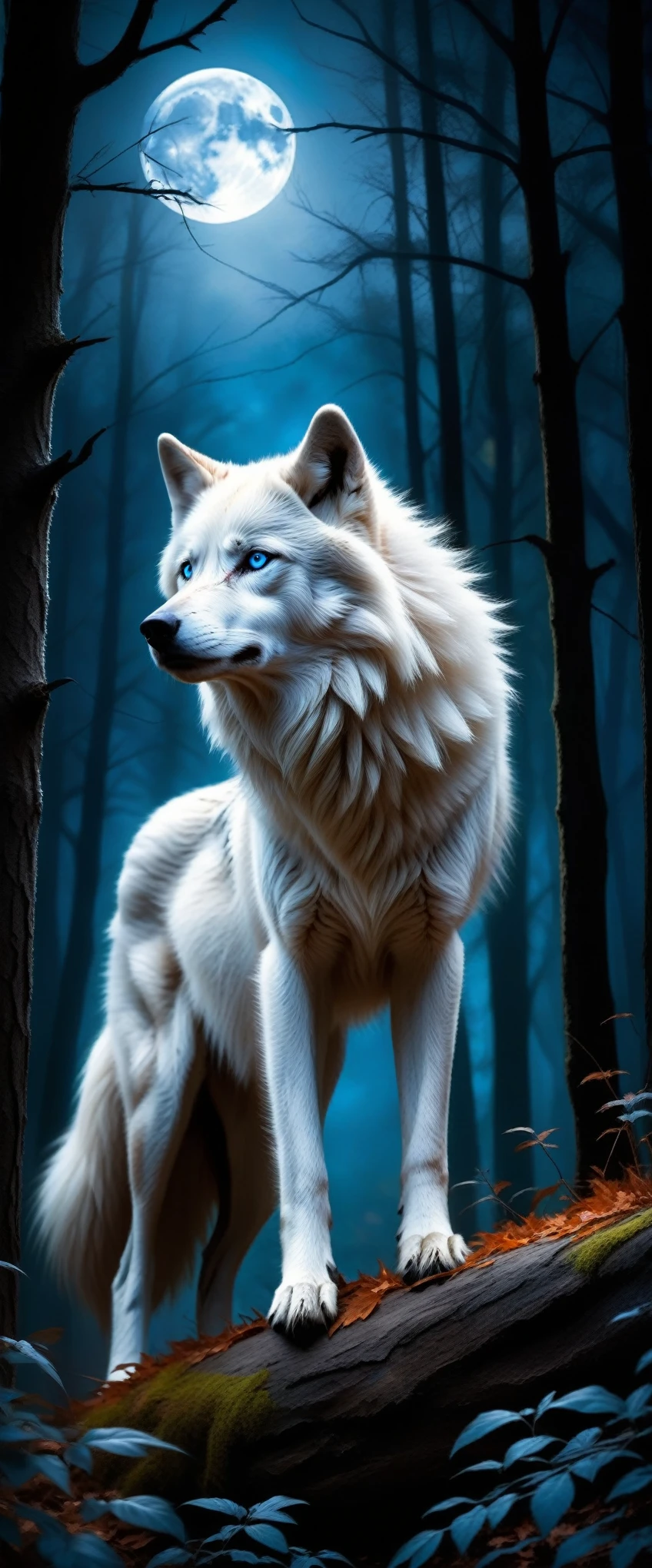 white wolf with blue eyes in the forest,realistic,highres,ultra-detailed,wildlife,night scene,moonlit,ominous shadows,dense foliage,quiet ambiance,majestic creature,poised,alert,sharp-pointed ears,fierce gaze,powerful presence,untamed beauty,ominous,striking contrast,fearsome predator,graceful and stealthy movements,dark and mysterious habitat,howl in the distance,black fur glimmering under moonlight,pristine and untouched environment,mystical atmosphere,vivid colors,whisper of the wind,rustling leaves,slender and muscular frame