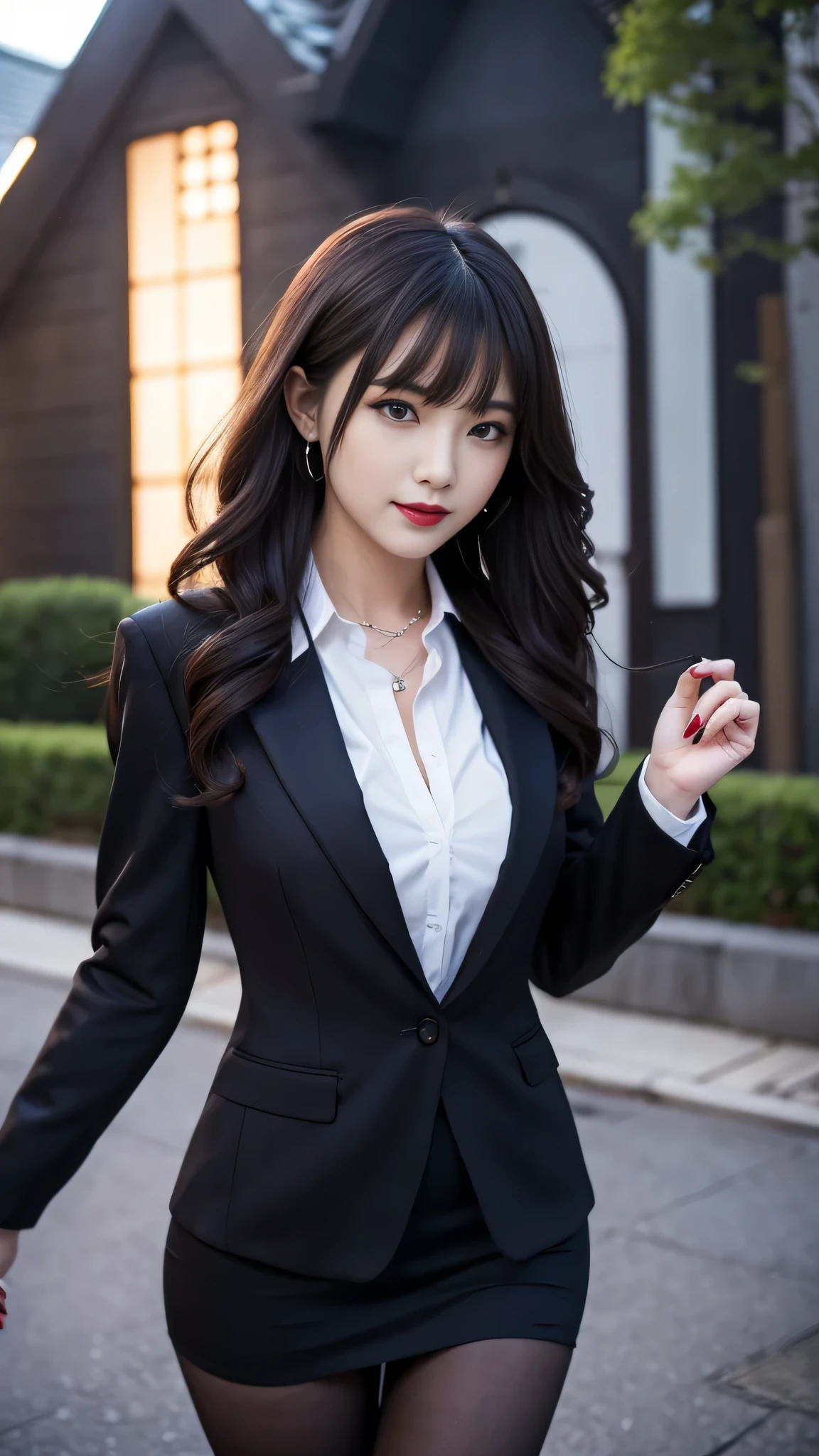 Super detailed、Japanese、charming beauty、seductive adult woman、Beautiful woman、sharp eyes、cool girl、wavy hair、flowing bangs、suit、Jacket、blouse、Tight Skirt、pantyhose、beautiful feet、evilの幹部、evil depravity、brainwashing、Mind control、lipstick、grin、evilな表情、evil、empty eyes、evil、church at night、vampire、Succubus、vampire、