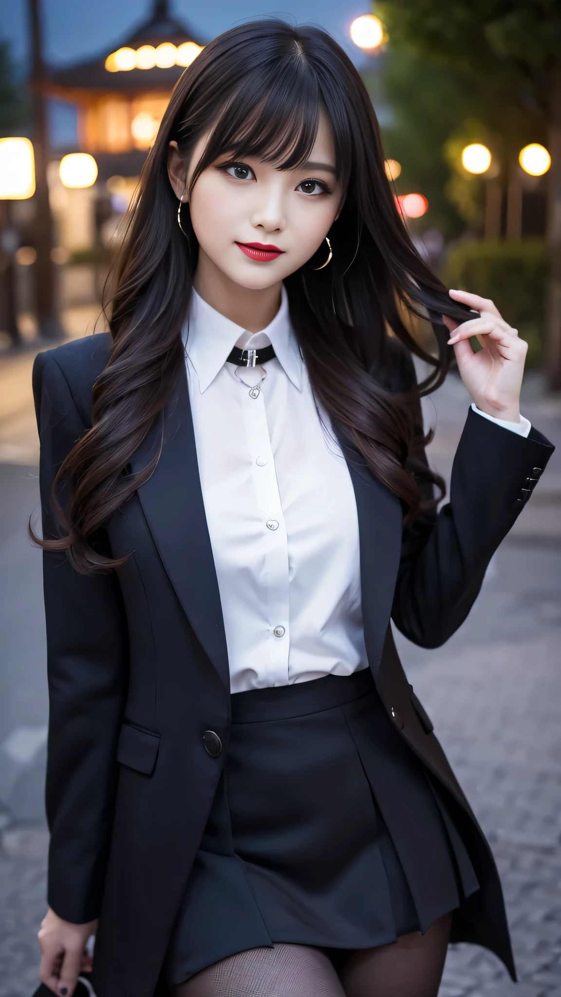 Super detailed、Japanese、charming beauty、seductive adult woman、Beautiful woman、sharp eyes、cool girl、wavy hair、flowing bangs、suit、Jacket、blouse、Tight Skirt、pantyhose、beautiful feet、evilの幹部、evil depravity、brainwashing、Mind control、lipstick、grin、evilな表情、evil、empty eyes、evil、church at night、vampire、Succubus、vampire、