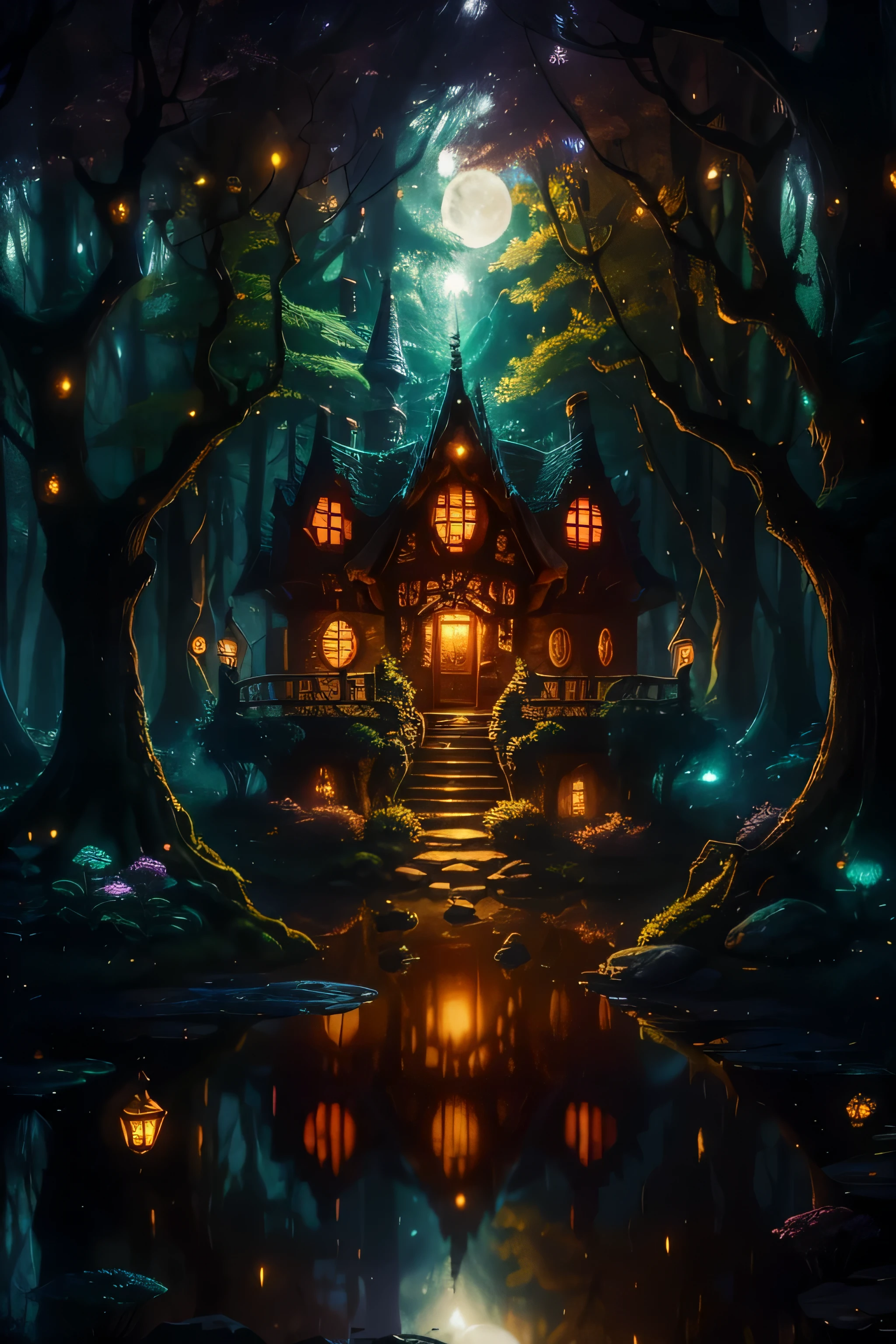 In the heart of a mystical and enchanted forest, there stands a stunningly beautiful and ultra-detailed fantasy house, bathed in the soft, vivid colors of a twilight sky. The house, reminiscent of a fairytale, is adorned with magic lights that twinkle and flicker, casting an ethereal glow over its whimsical exterior. The scene unfolds in 4K resolution, capturing every minute detail of this charming and captivating abode.
As the sun sets and night descends, the forest comes alive with a mystical ambiance. Sparkling stars twinkle in the moonlit sky,