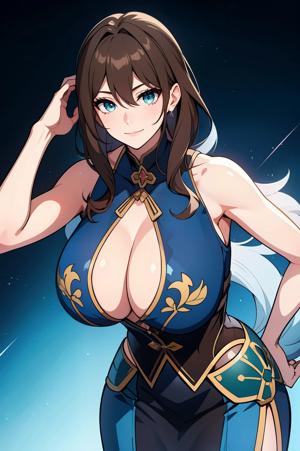 An anime-style artwork depicting ruan mei from the game Honkai star rail.

Tags: ruan mei, anime, detailed eyes, detailed lips, turtleneck, pencil skirt, smiling expression, intense gaze, glowing emblem on hand, dynamic pose, mystical background, vibrant colors, digital art, high-resolution, professional quality, gigantic breasts, underboob, curvy, cowboy shot, gigantic breasts, green eyes, (light brown hair)