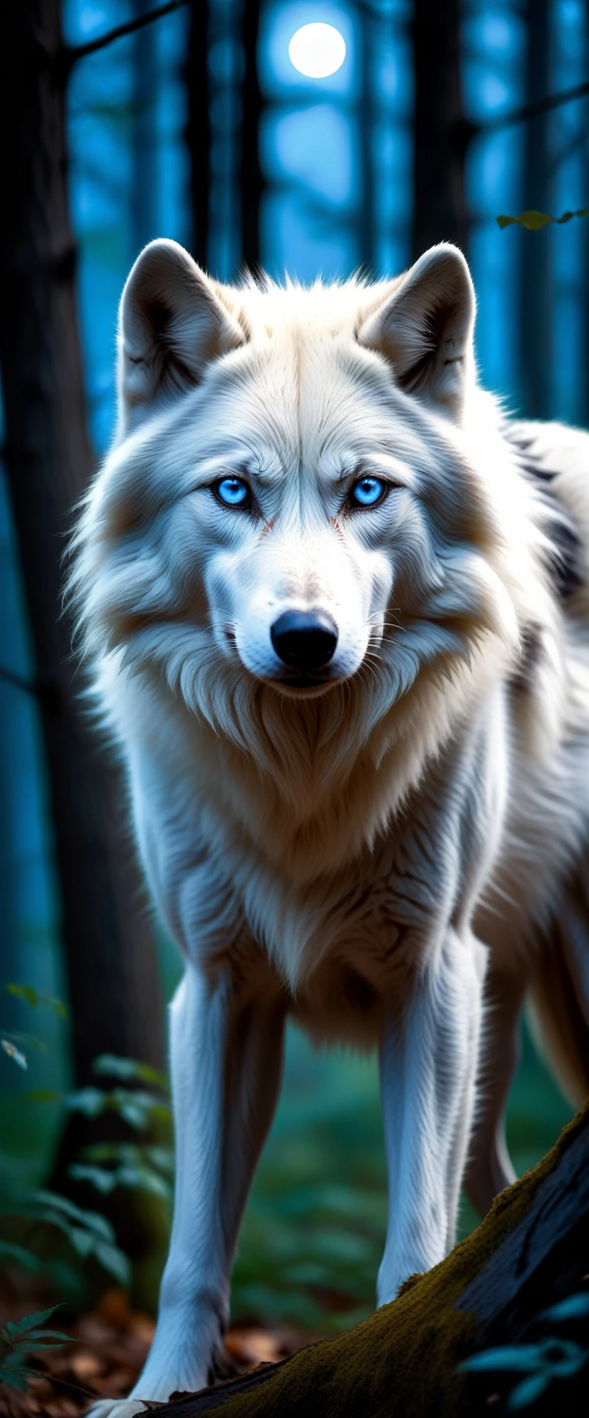 white wolf with blue eyes in the forest,realistic,highres,ultra-detailed,wildlife,night scene,moonlit,ominous shadows,dense foliage,quiet ambiance,majestic creature,poised,alert,sharp-pointed ears,fierce gaze,powerful presence,untamed beauty,ominous,striking contrast,fearsome predator,graceful and stealthy movements,dark and mysterious habitat,howl in the distance,black fur glimmering under moonlight,pristine and untouched environment,mystical atmosphere,vivid colors,whisper of the wind,rustling leaves,slender and muscular frame