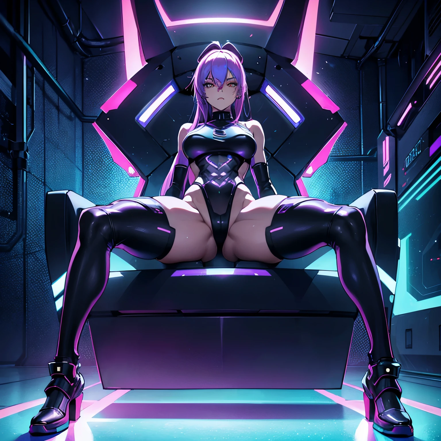 (cyberpunk waifu), sitting on giant cyber throne, future, (full body), (high resolution), (high res), great quality, mature, perfect eyes, strong shadows, naked, detailed face, detailed abs, direct light, under light, strong jaw, (lewd armor), massive ass, neon lights, thick thighs, long torso, wide waist, skinny torso, fit, perfect face, neon light, (skimpy armor), (colorful vibrant light),