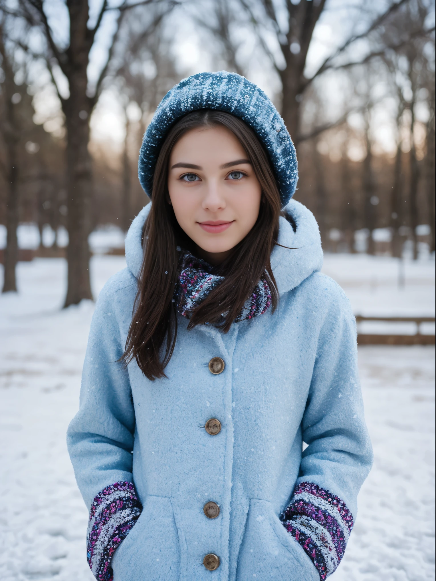 20 year old brunette, beautiful face, surreal ,cute face ,standing in the snow, wearing colorful winter clothes