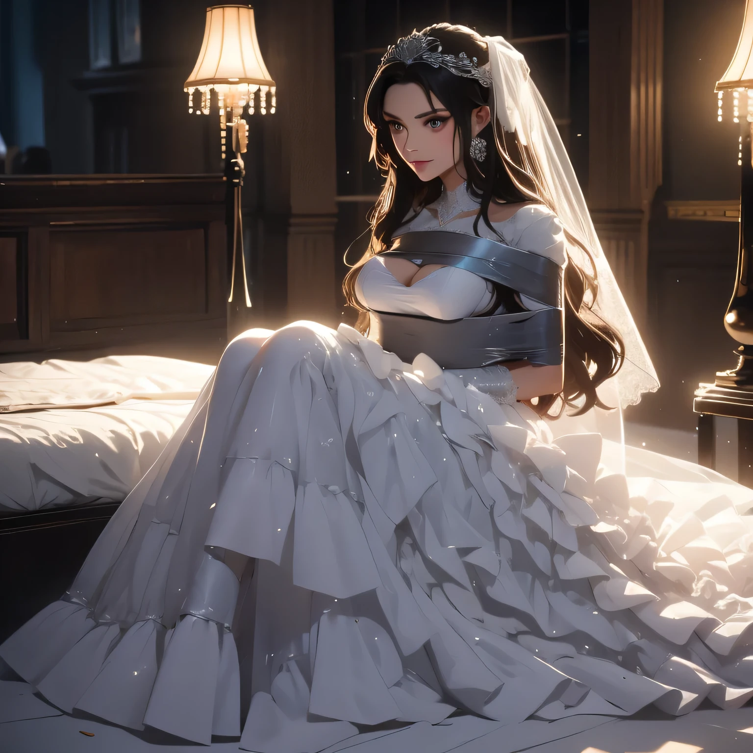 (bright lighting,romantic setting),bride captured, dreamy background,bondage,dark hair, mesmerizing gaze, , soft skin, alluring beauty, artistic portrait, high-quality image, vibrant colors, long silk gown, in the bed,tape bondage,tape gag, mosquito net, bridal