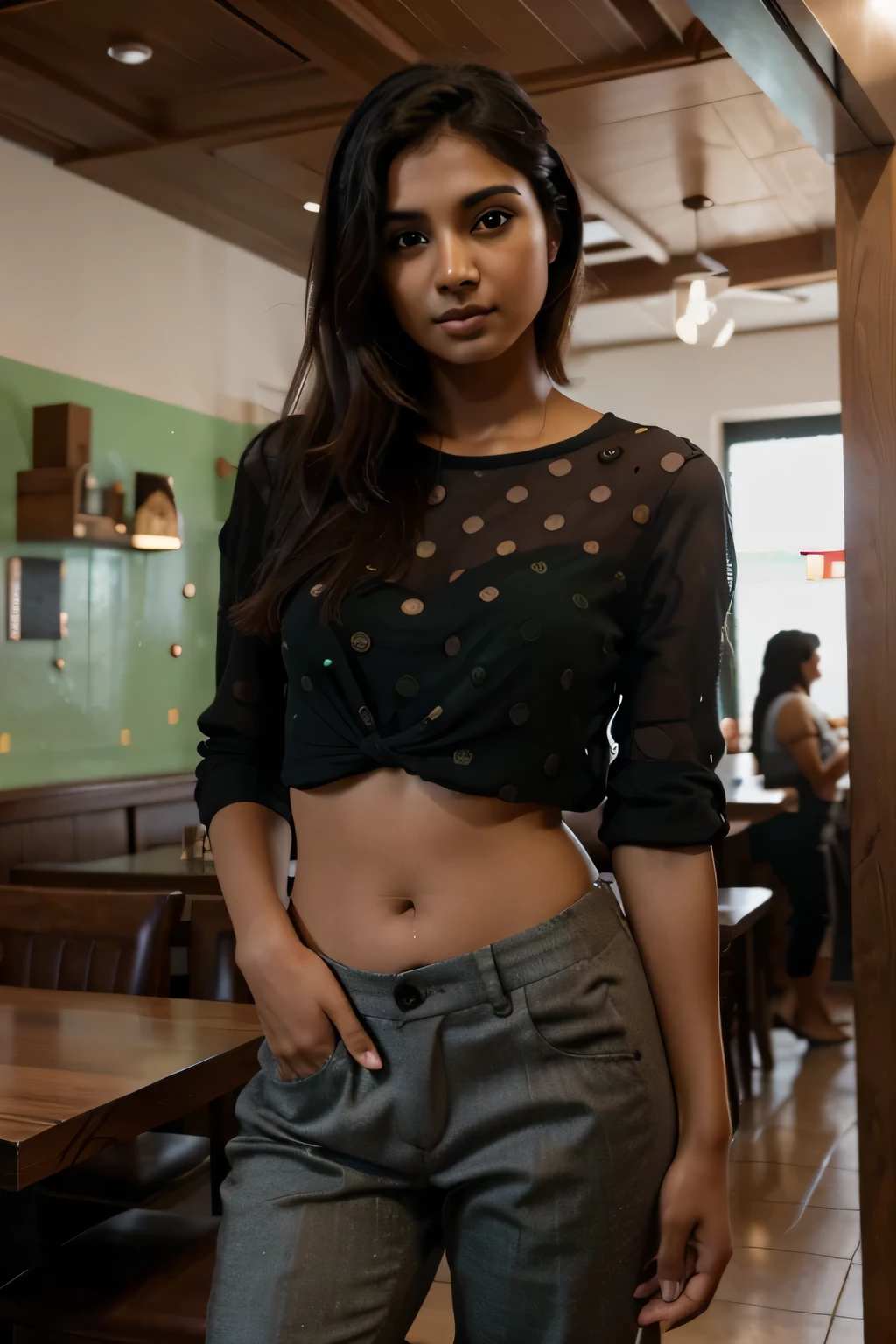 beautiful  Indian 25 year old girl, brown skin tone, sitting in a restaurant with a green polka top and black pants, standing in a restaurant, taken with canon eos 5 d mark iv, candid picture, taken with sony a7r camera, taken with a pentax k1000, shot with sigma f/ 4.2, shot with sigma f / 4. 2, taken with sony alpha 9, ultra high res, high resolution, detailed, f1.6 lens rich colors hyper realistic lifelike texture dramatic lighting unrealengine.