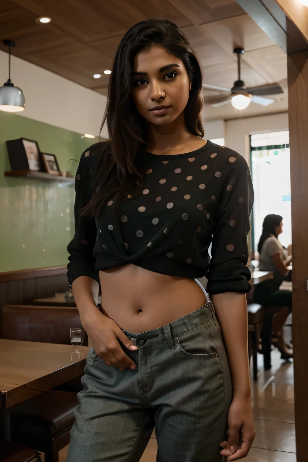 beautiful mature Indian 25 year old girl, brown skin tone, sitting in a restaurant with a green polka top and black pants, standing in a restaurant, taken with canon eos 5 d mark iv, candid picture, taken with sony a7r camera, taken with a pentax k1000, shot with sigma f/ 4.2, shot with sigma f / 4. 2, taken with sony alpha 9, ultra high res, high resolution, detailed, f1.6 lens rich colors hyper realistic lifelike texture dramatic lighting unrealengine.