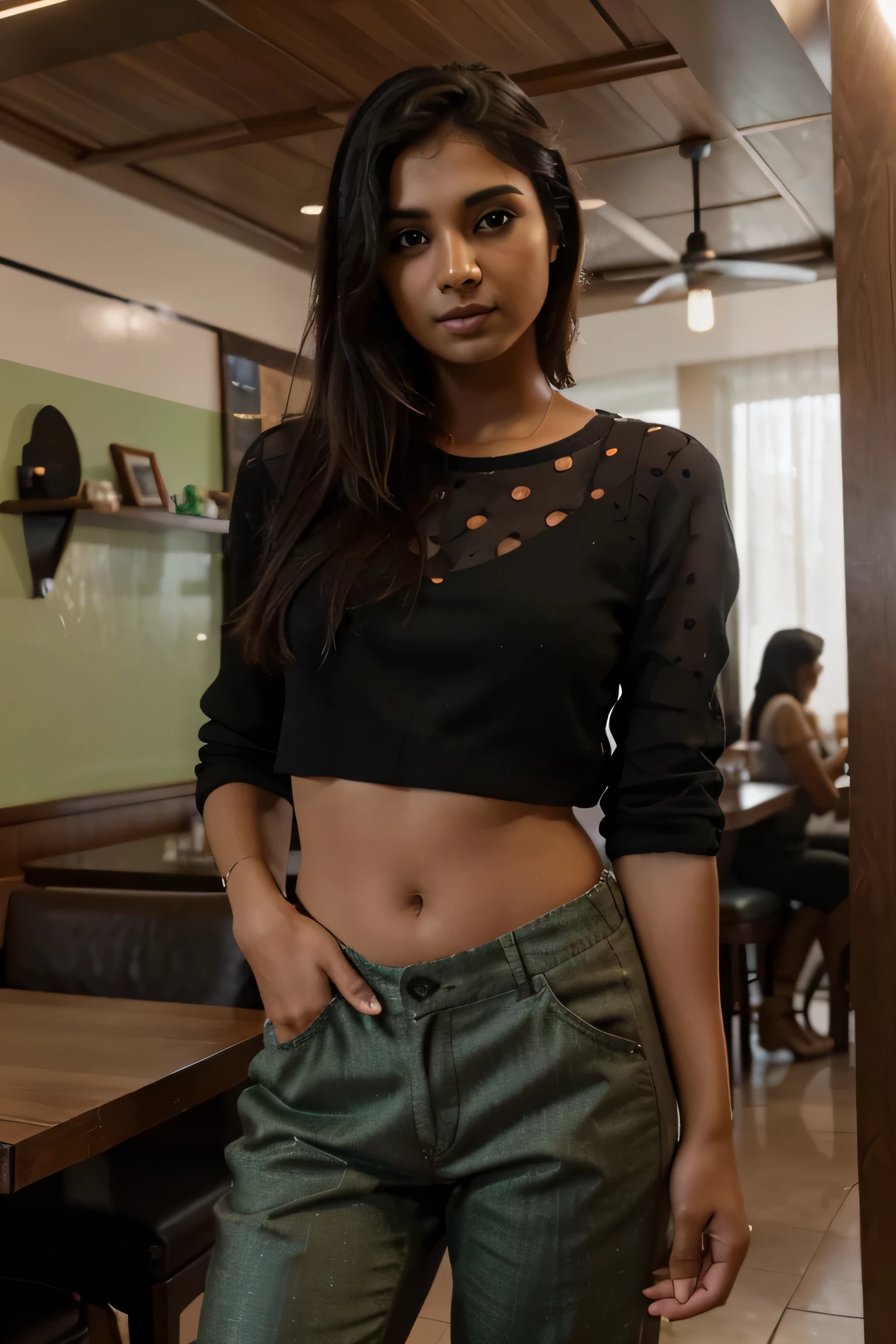 beautiful mature Indian 25 year old girl, brown skin tone, sitting in a restaurant with a green polka top and black pants, standing in a restaurant, taken with canon eos 5 d mark iv, candid picture, taken with sony a7r camera, taken with a pentax k1000, shot with sigma f/ 4.2, shot with sigma f / 4. 2, taken with sony alpha 9, ultra high res, high resolution, detailed, f1.6 lens rich colors hyper realistic lifelike texture dramatic lighting unrealengine.