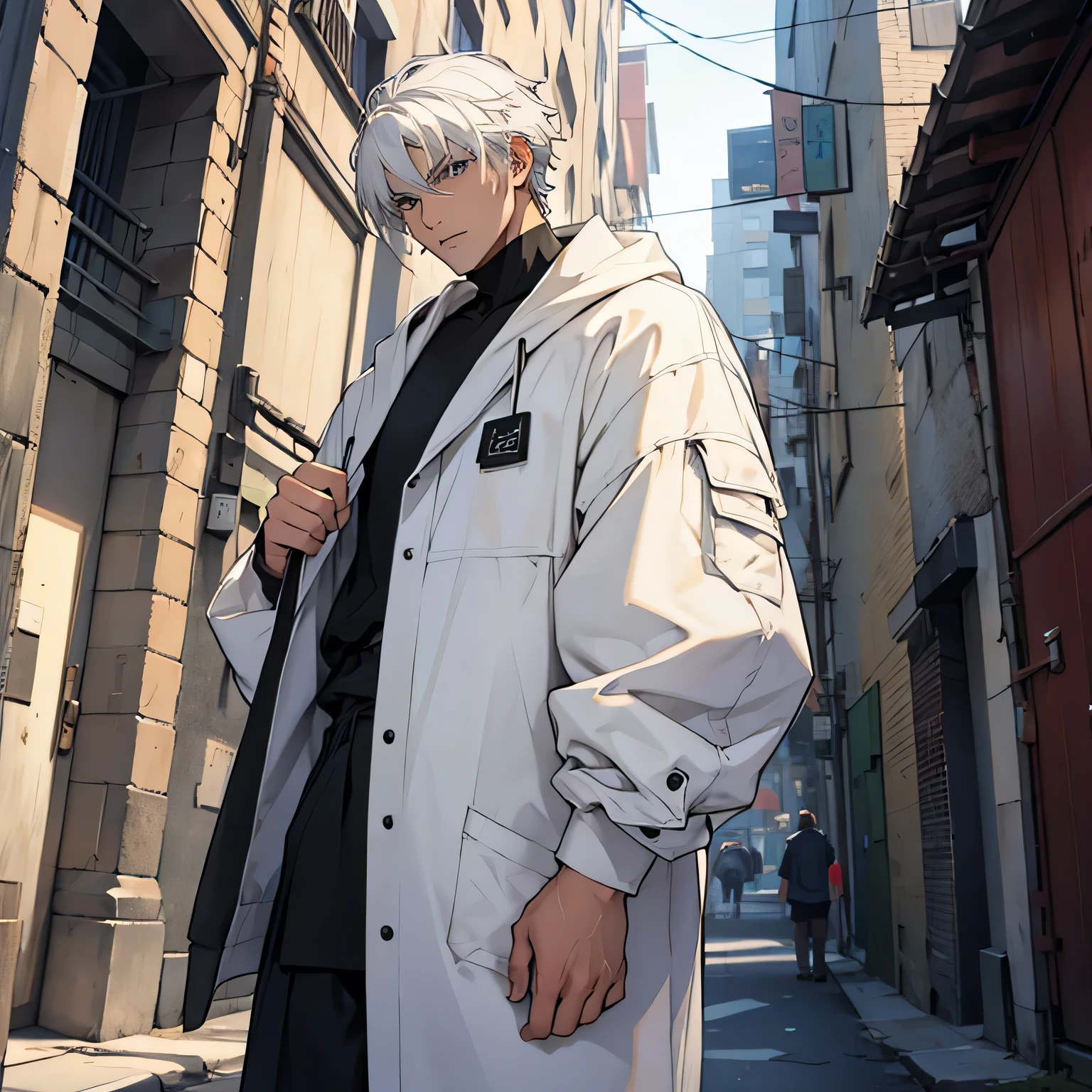 White hair, Male, baggy clothes,