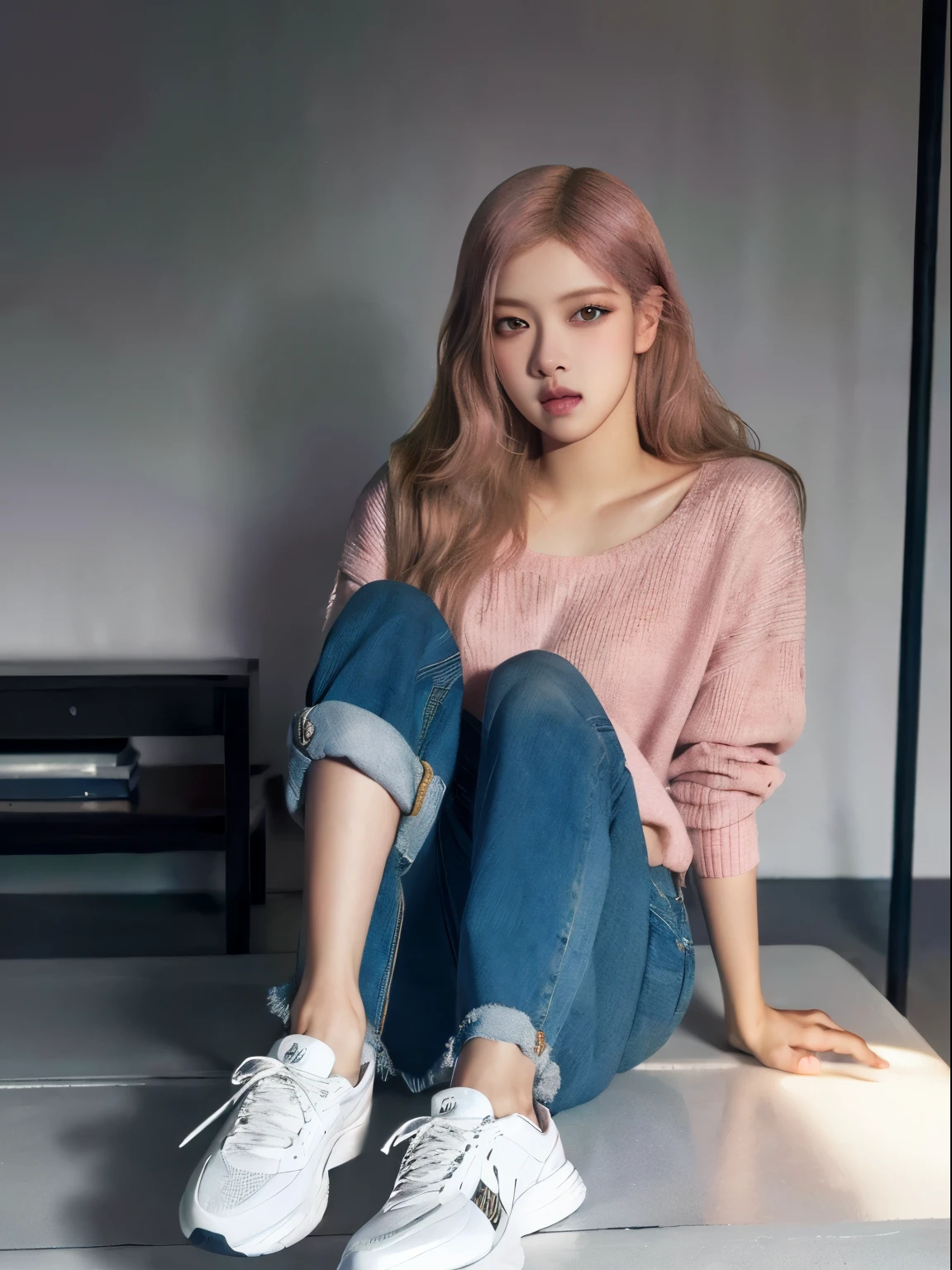 Rose from blackpink, pink hair, (full body), (best quality,4k,8k,highres,masterpiece:1.2),ultra-detailed,(realistic,photorealistic,photo-realistic:1.37),A girl standing by a column in casual clothes Sweater, jeans, shoes on legs detailed eyes and lips, long eyelashes, beautiful detailed face, realistic posing, studio lighting, vivid colors, ultra-fine painting, professional,full length, detailed facial features, flowing wavy hair, relaxed posture, soft lighting, warm color tones, high-resolution image(4k), ultra-detailed, realistic.